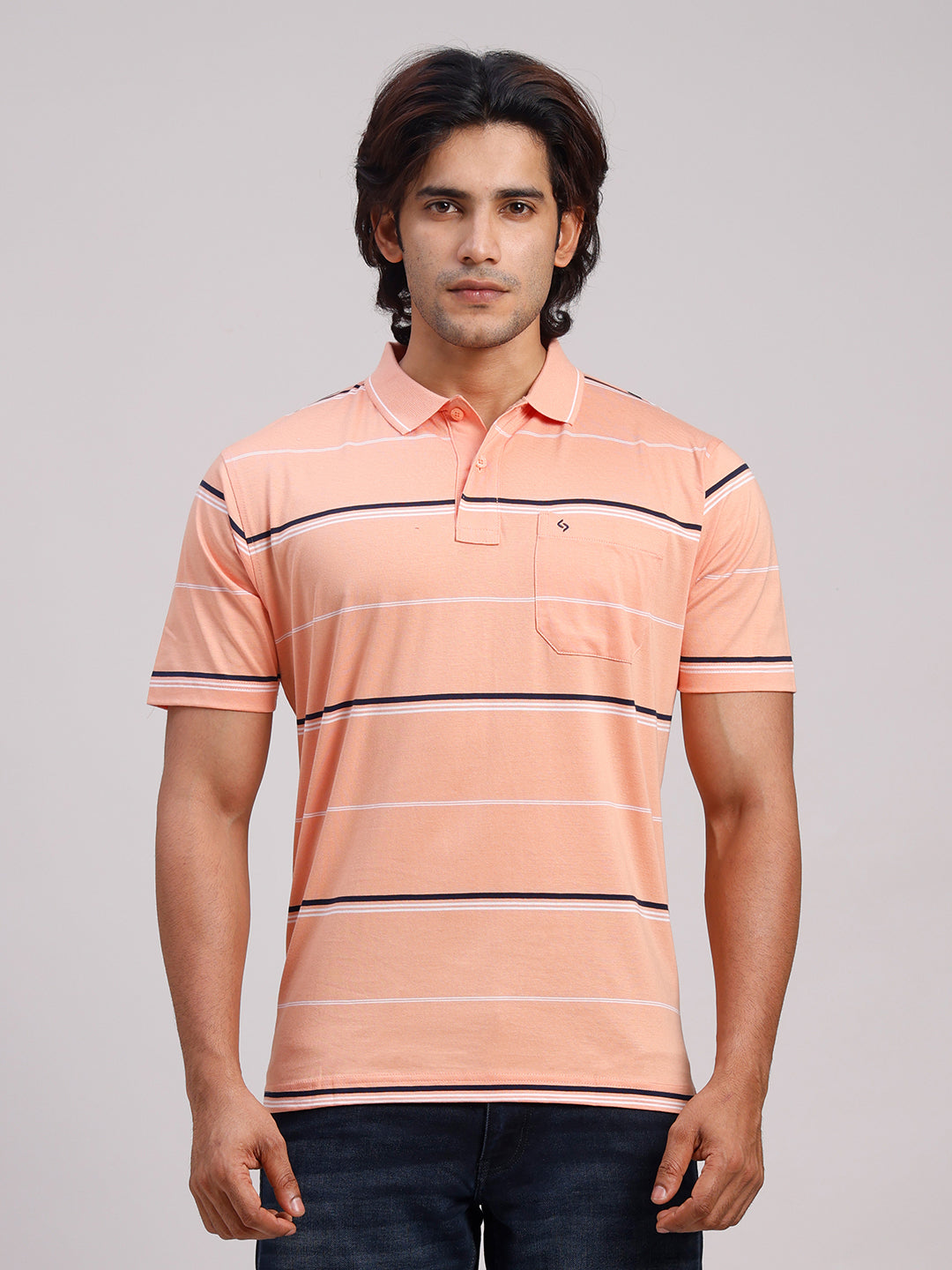 Classic Polo Men's Half Sleeve Orange Polo Neck Authentic Fit Striped Cotton T-Shirt | AP - 154 A AF P