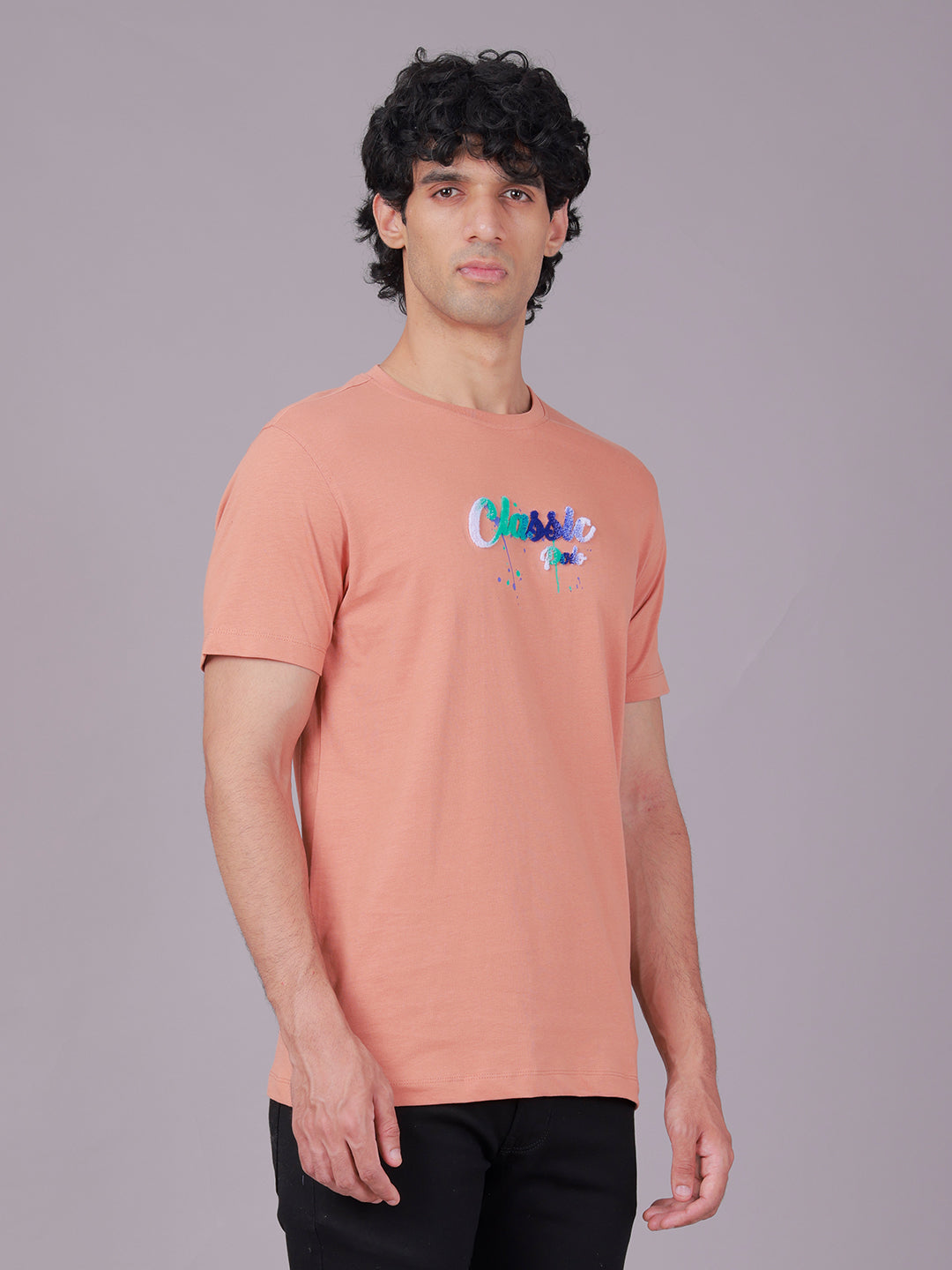 Classic Polo Men's Half Sleeve Peach Crew Neck Slim Fit Embroidery Cotton T-Shirt | BALENO - 636 B SF C