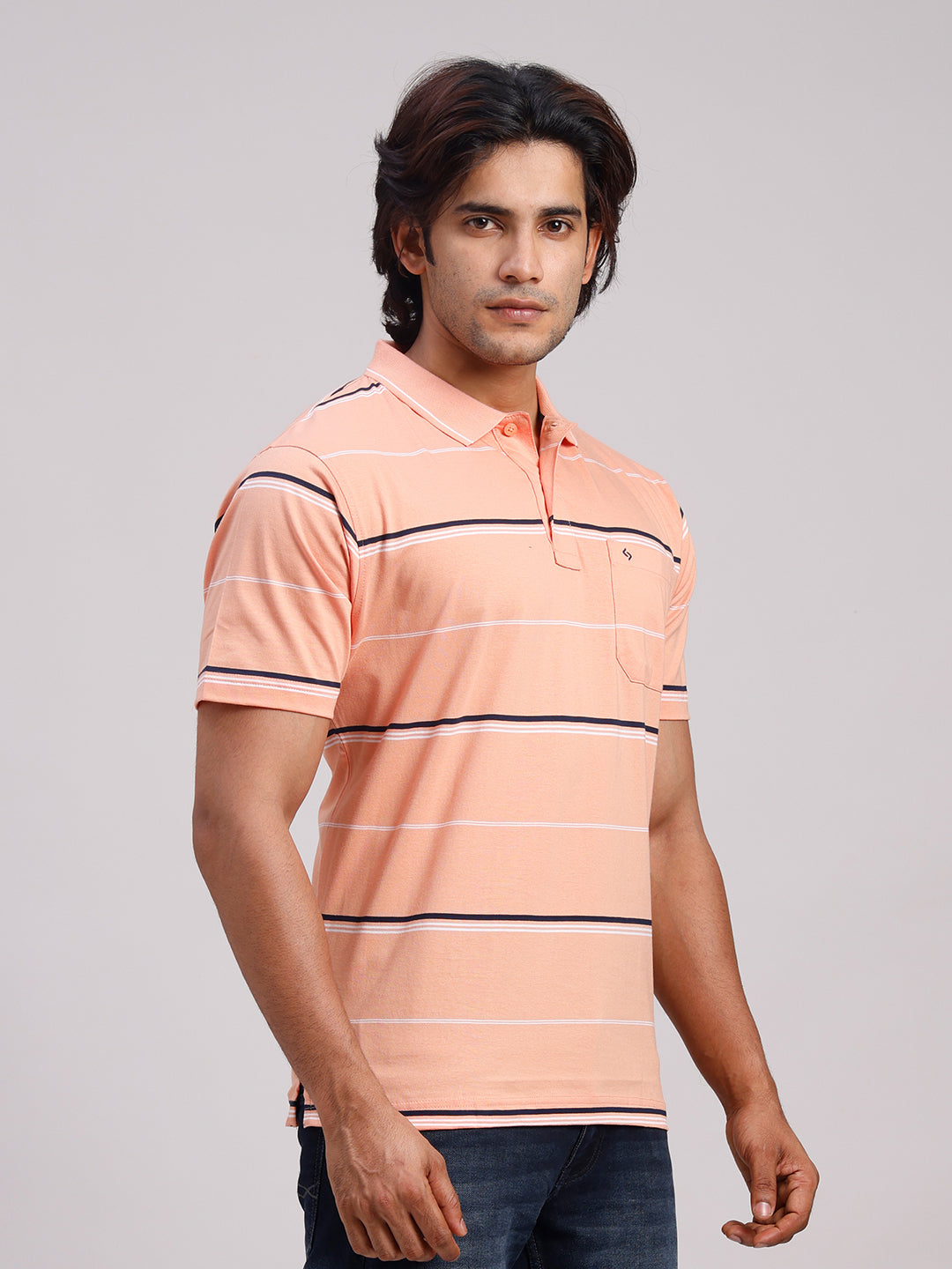 Classic Polo Men's Half Sleeve Orange Polo Neck Authentic Fit Striped Cotton T-Shirt | AP - 154 A AF P