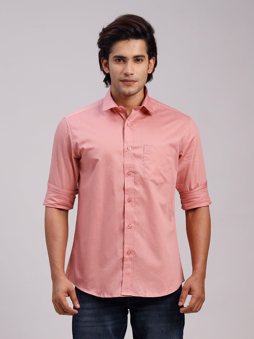 Classic Polo Men's Full Sleeve Dark Peach Polo Neck Slim Fit Solid Cotton Casual Shirt | SR1-EL-17 B-FS-SLD-SF