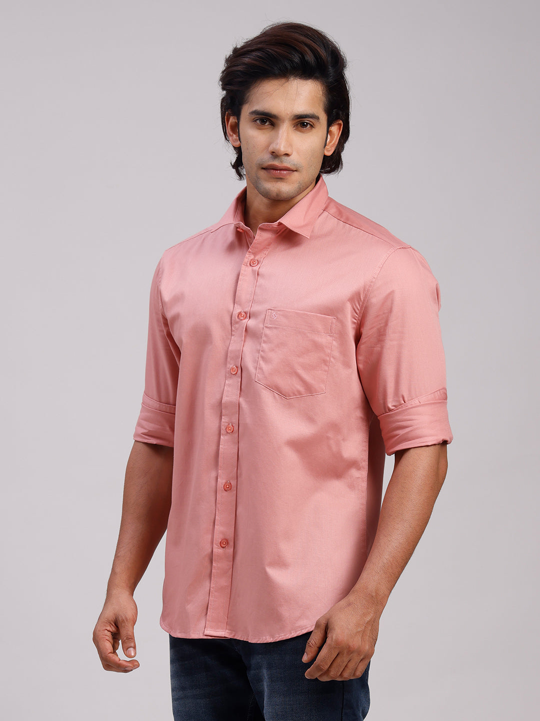 Classic Polo Men's Full Sleeve Dark Peach Polo Neck Slim Fit Solid Cotton Casual Shirt | SR1-EL-17 B-FS-SLD-SF