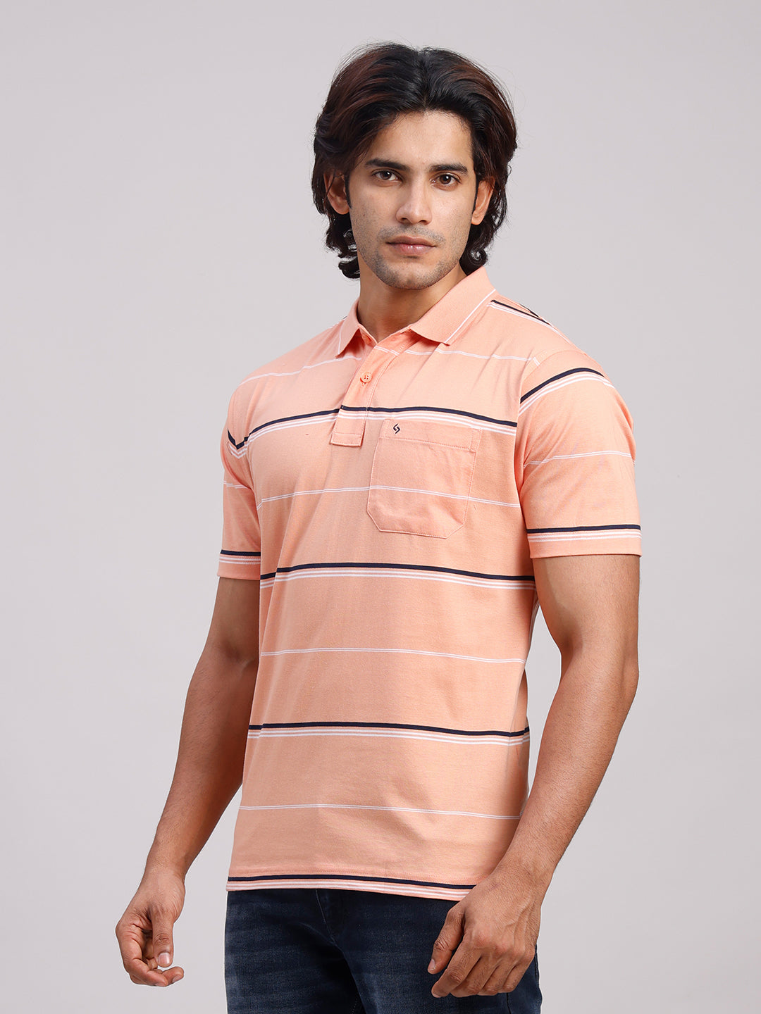 Classic Polo Men's Half Sleeve Orange Polo Neck Authentic Fit Striped Cotton T-Shirt | AP - 154 A AF P