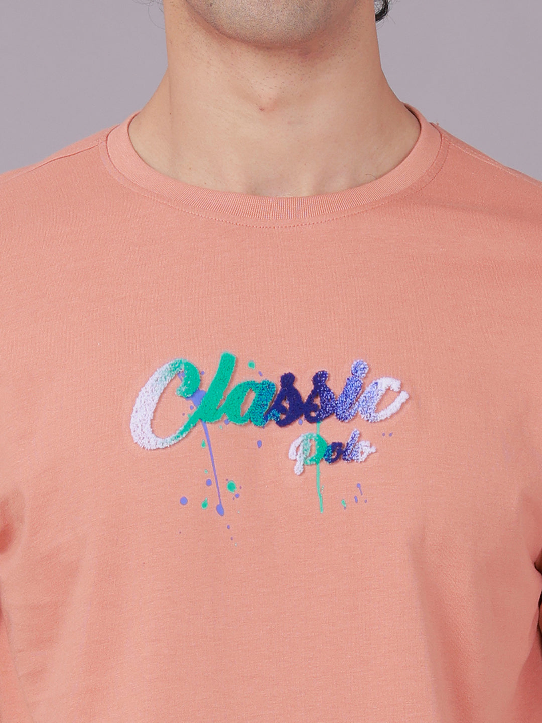 Classic Polo Men's Half Sleeve Peach Crew Neck Slim Fit Embroidery Cotton T-Shirt | BALENO - 636 B SF C