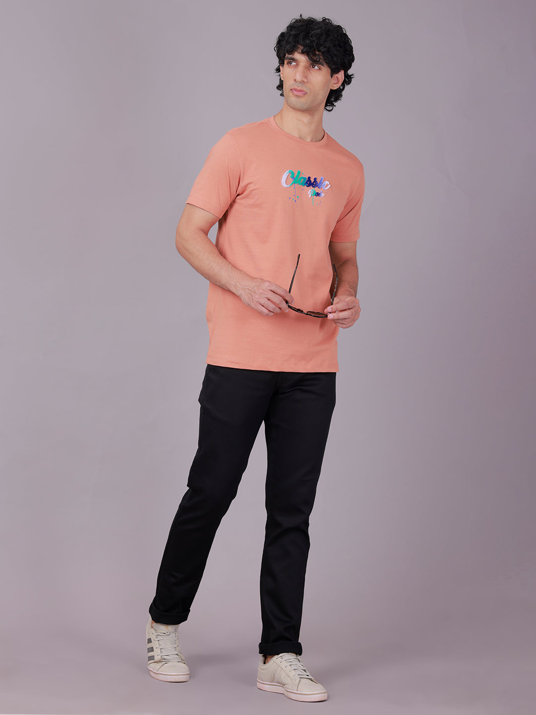 Classic Polo Men's Half Sleeve Peach Crew Neck Slim Fit Embroidery Cotton T-Shirt | BALENO - 636 B SF C