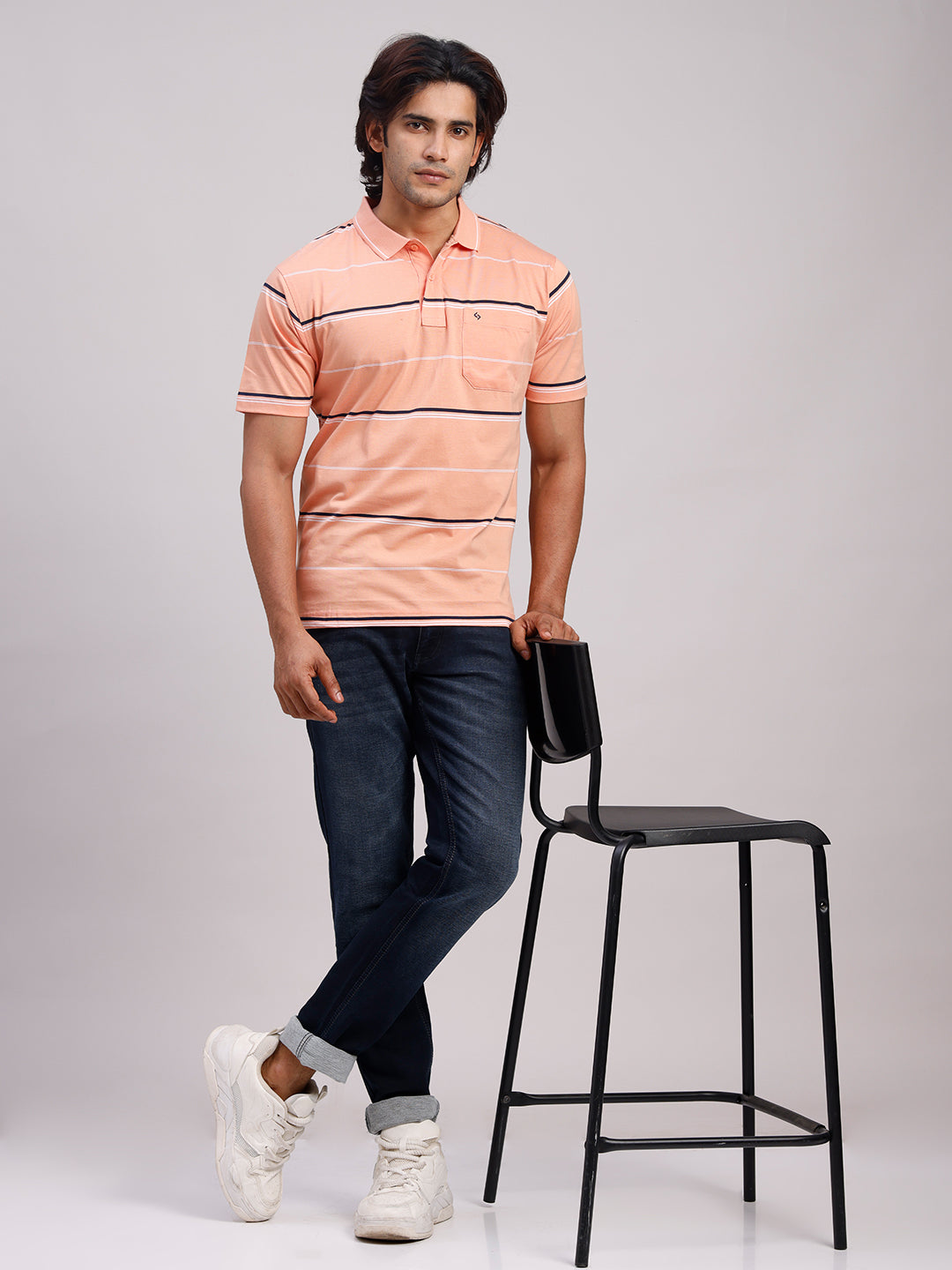 Classic Polo Men's Half Sleeve Orange Polo Neck Authentic Fit Striped Cotton T-Shirt | AP - 154 A AF P