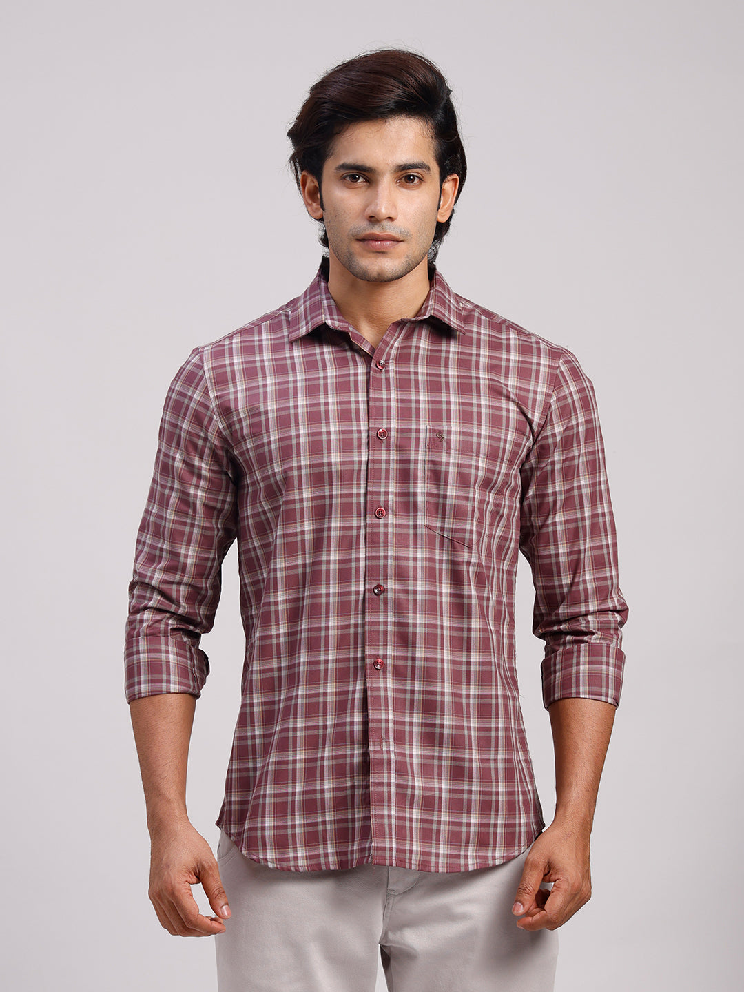 Classic Polo Men's Full Sleeve Maroon Polo Neck Slim Fit Checked Cotton Casual Shirt | LSHR1-CL-03 B-FS-CHK-SF