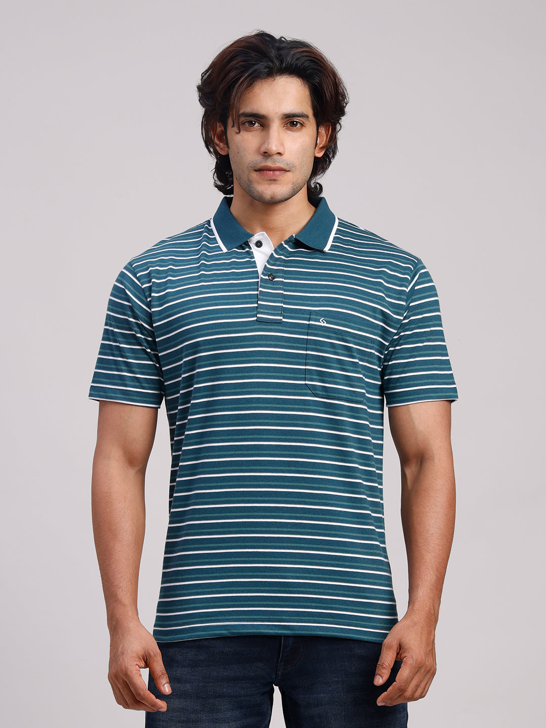 Classic Polo Men's Half Sleeve Teal/White Polo Neck Authentic Fit Striped Cotton Blend T-Shirt | LTS-STR - 114 B AF P