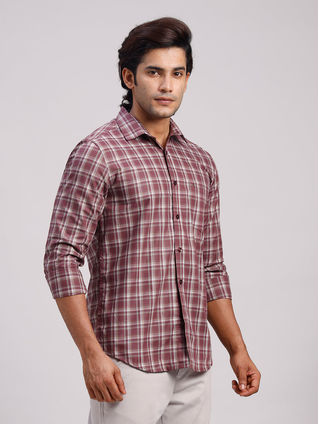 Classic Polo Men's Full Sleeve Maroon Polo Neck Slim Fit Checked Cotton Casual Shirt | LSHR1-CL-03 B-FS-CHK-SF
