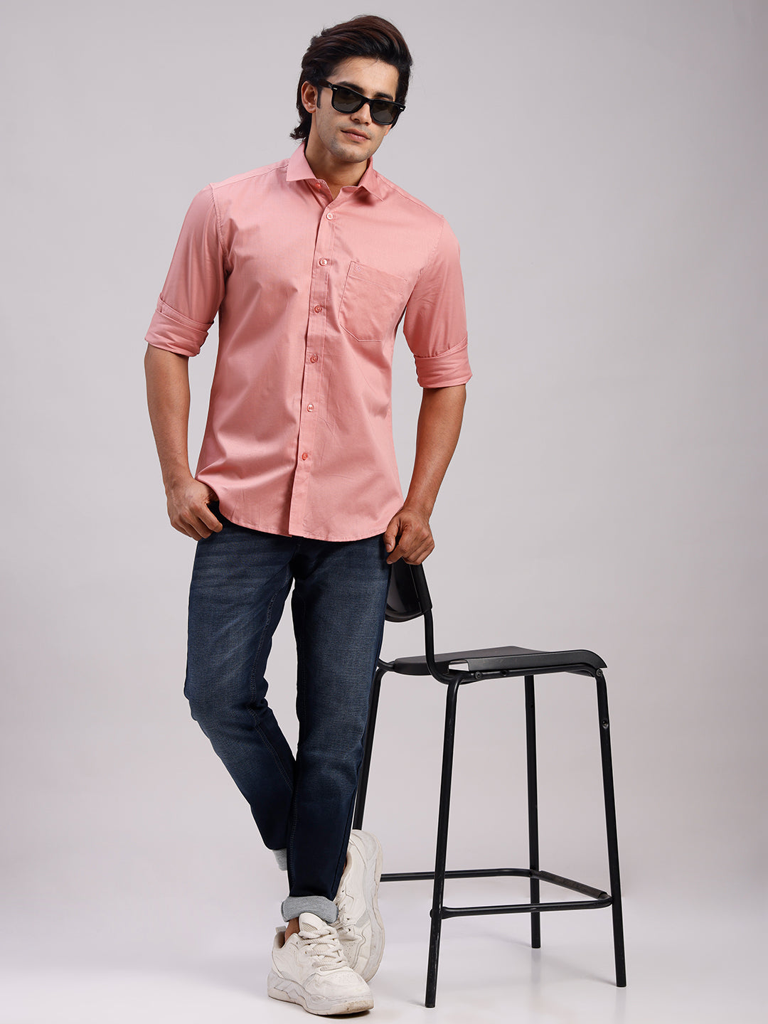 Classic Polo Men's Full Sleeve Dark Peach Polo Neck Slim Fit Solid Cotton Casual Shirt | SR1-EL-17 B-FS-SLD-SF