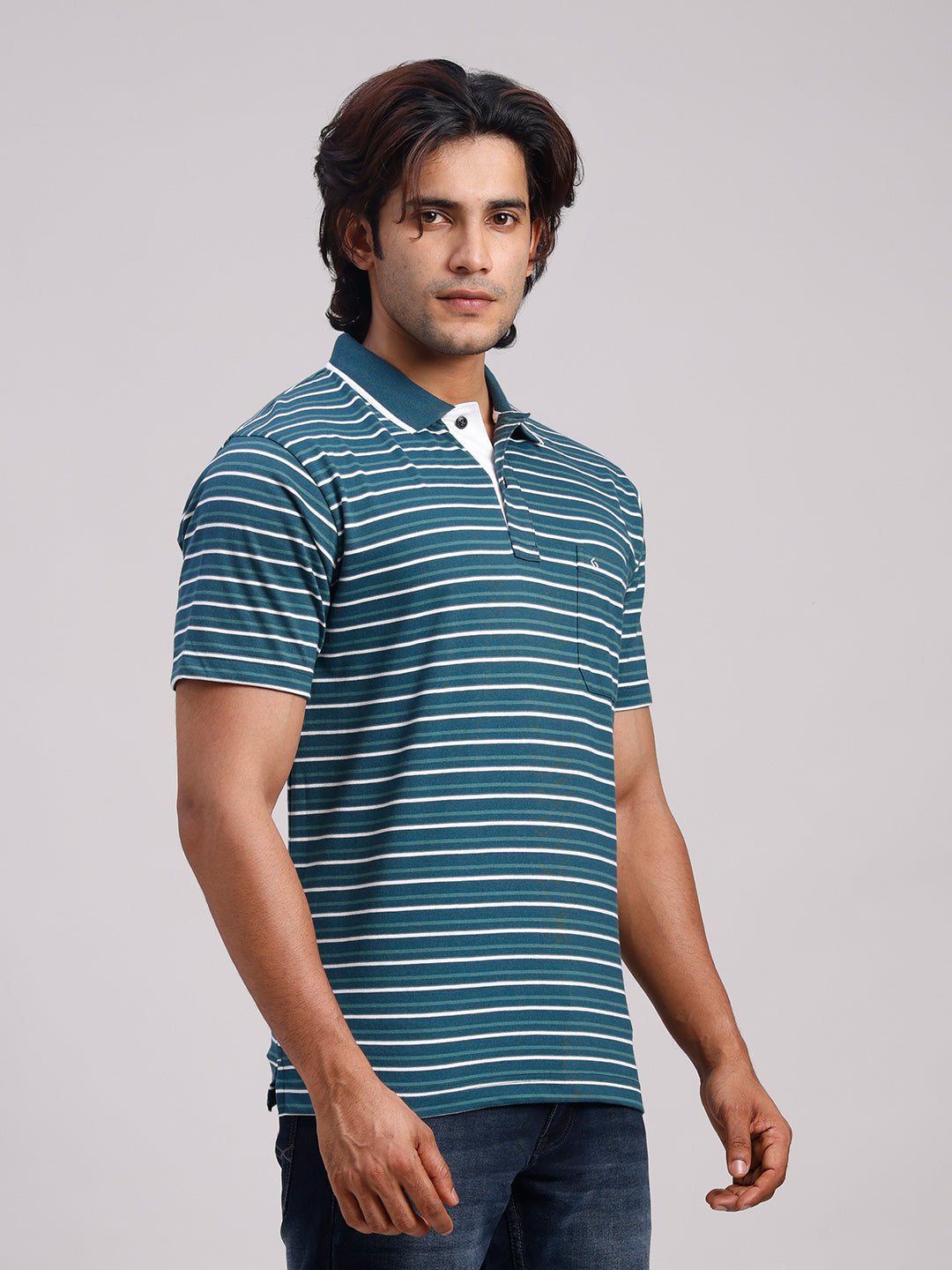 Classic Polo Men's Half Sleeve Teal/White Polo Neck Authentic Fit Striped Cotton Blend T-Shirt | LTS-STR - 114 B AF P