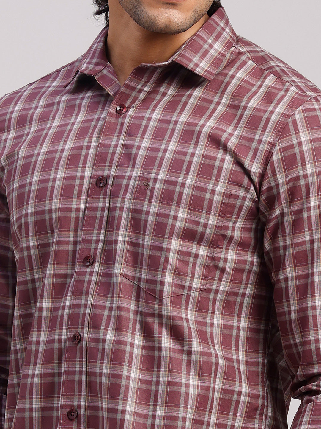 Classic Polo Men's Full Sleeve Maroon Polo Neck Slim Fit Checked Cotton Casual Shirt | LSHR1-CL-03 B-FS-CHK-SF