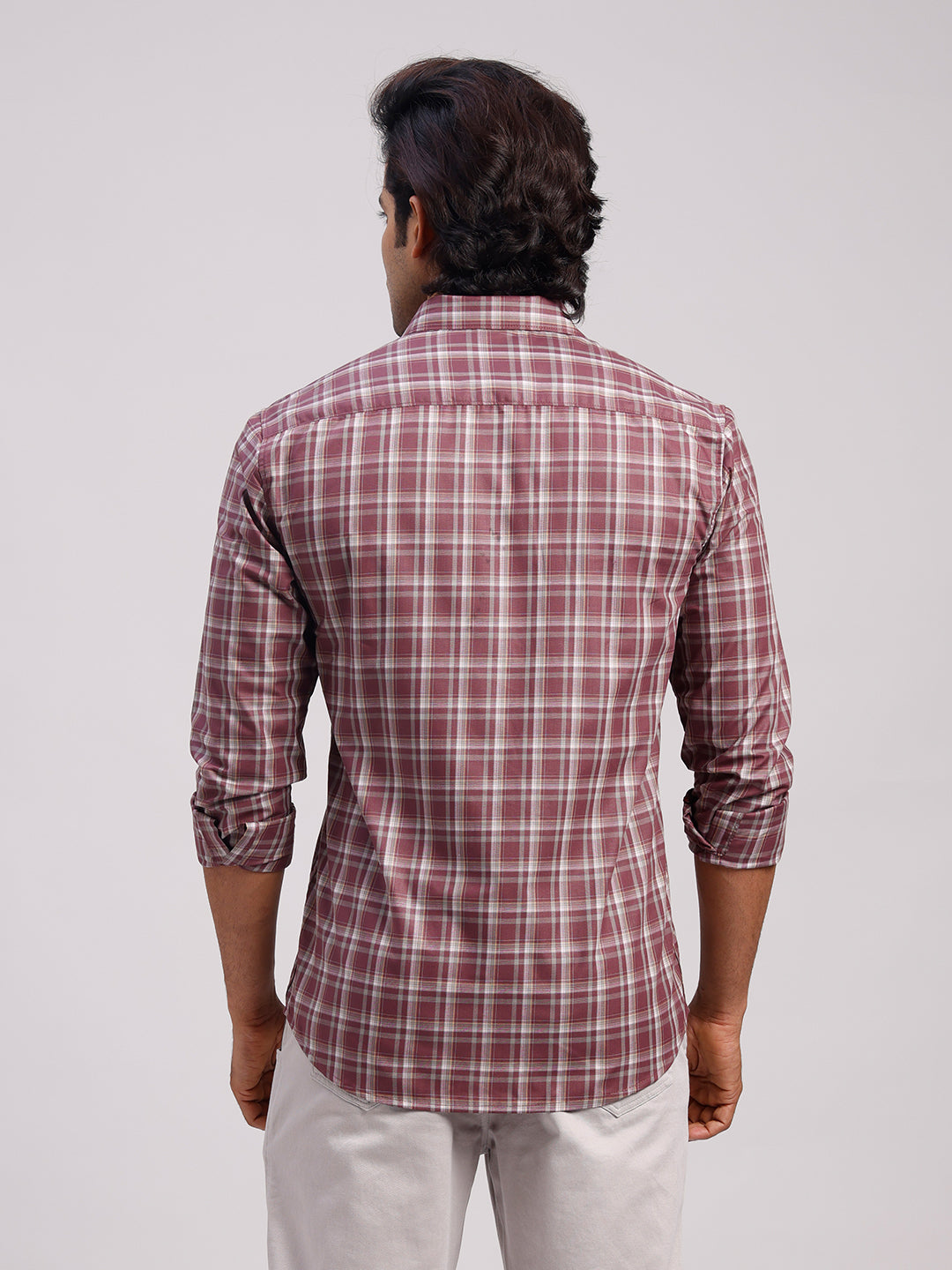 Classic Polo Men's Full Sleeve Maroon Polo Neck Slim Fit Checked Cotton Casual Shirt | LSHR1-CL-03 B-FS-CHK-SF