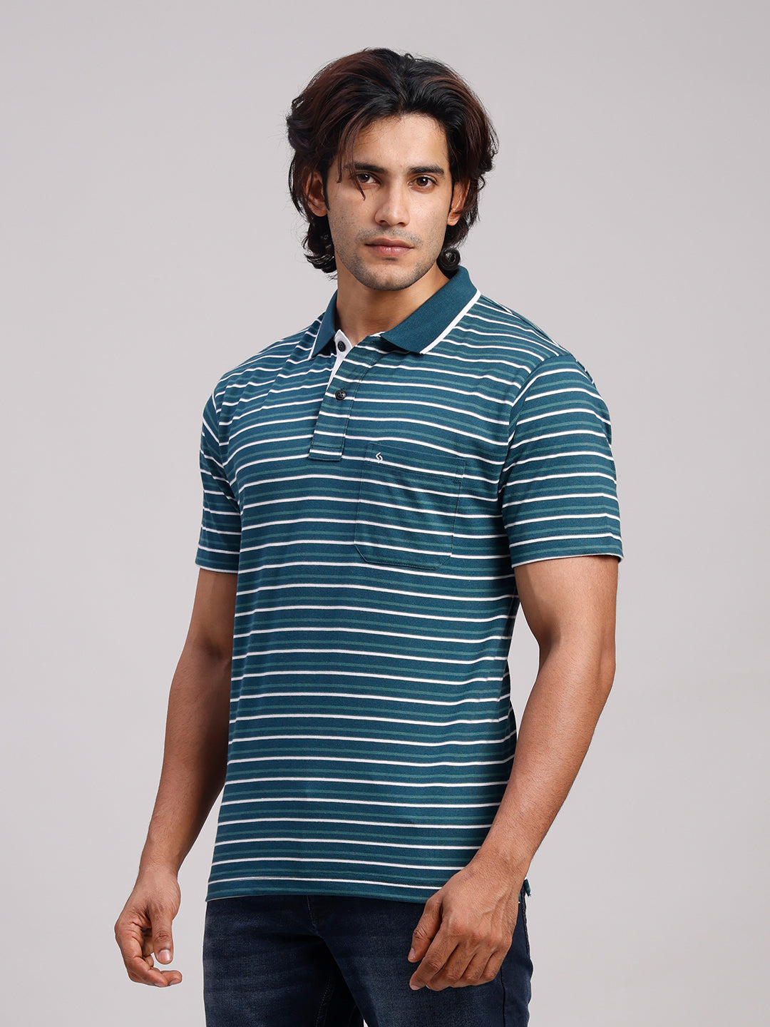Classic Polo Men's Half Sleeve Teal/White Polo Neck Authentic Fit Striped Cotton Blend T-Shirt | LTS-STR - 114 B AF P
