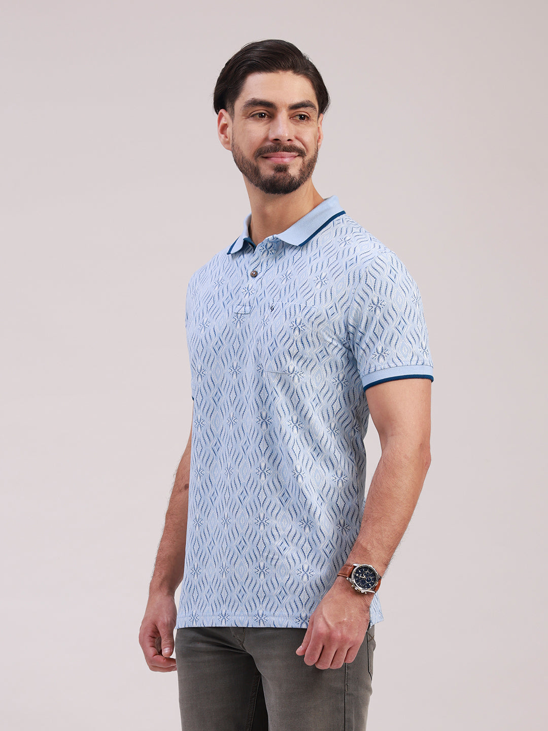 Classic Polo Men's Half Sleeve Blue Polo Neck Slim Fit All-Over Print Cotton T-Shirt | BEAU - 307 A SF P