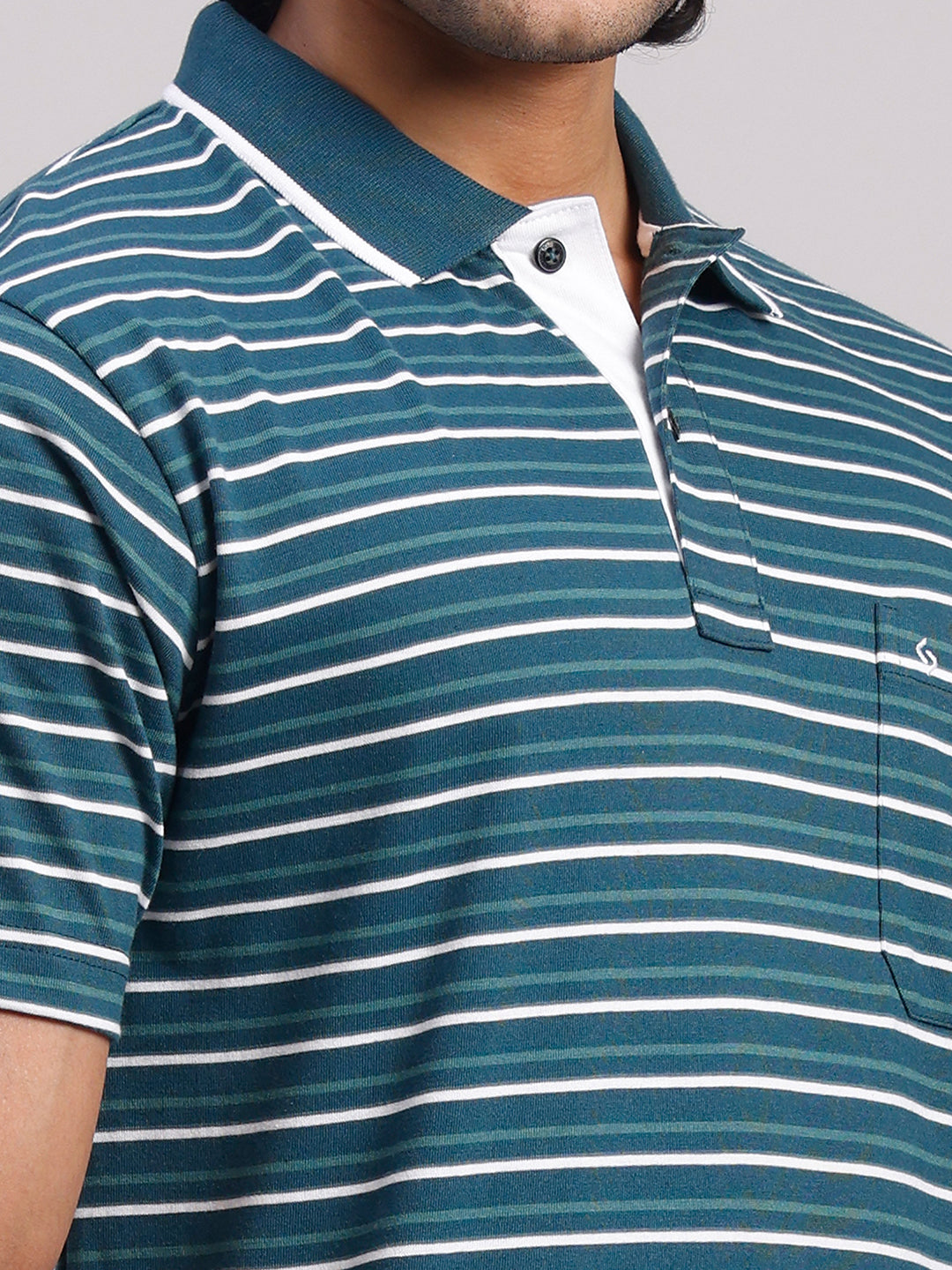 Classic Polo Men's Half Sleeve Teal/White Polo Neck Authentic Fit Striped Cotton Blend T-Shirt | LTS-STR - 114 B AF P