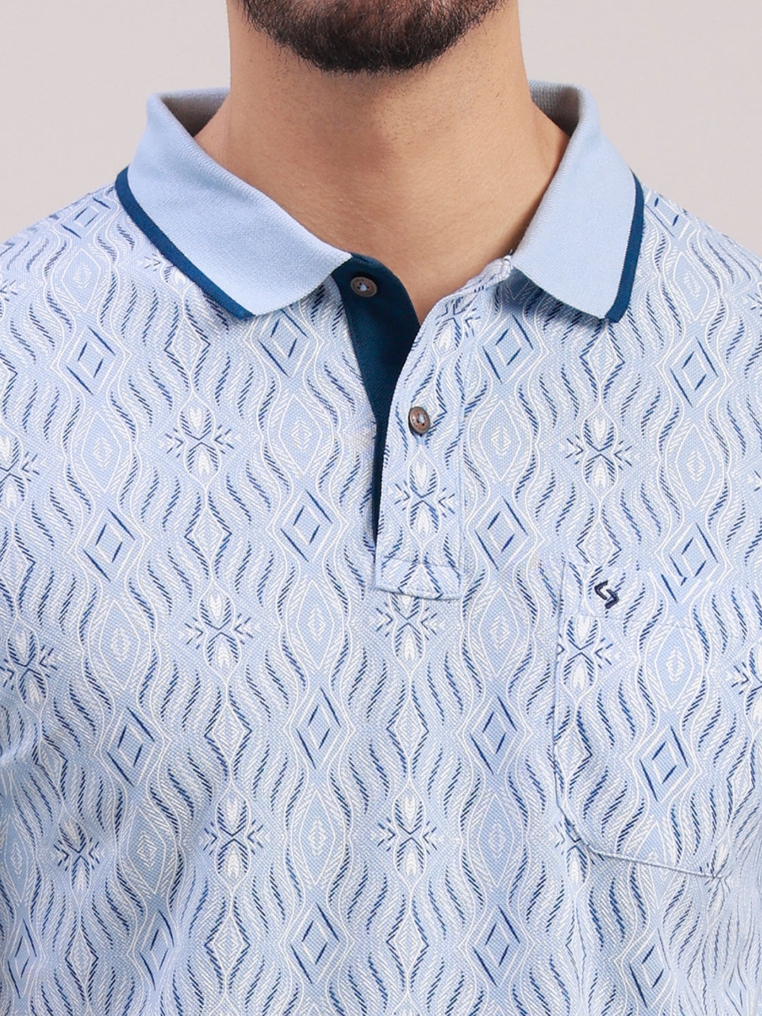 Classic Polo Men's Half Sleeve Blue Polo Neck Slim Fit All-Over Print Cotton T-Shirt | BEAU - 307 A SF P