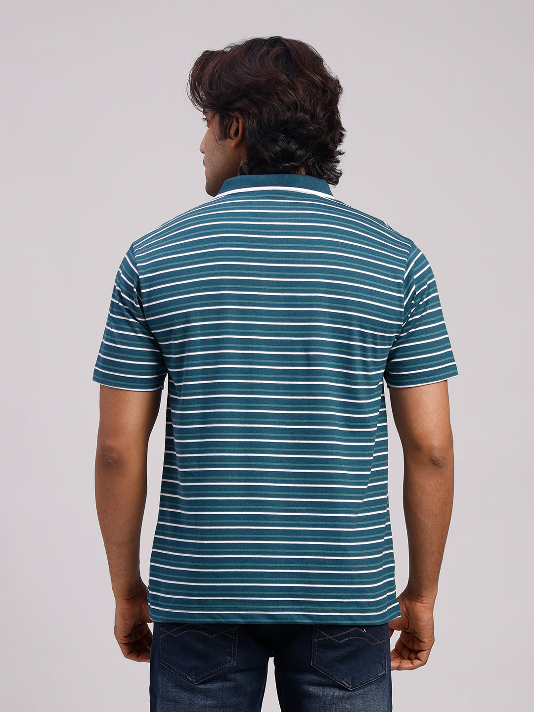 Classic Polo Men's Half Sleeve Teal/White Polo Neck Authentic Fit Striped Cotton Blend T-Shirt | LTS-STR - 114 B AF P