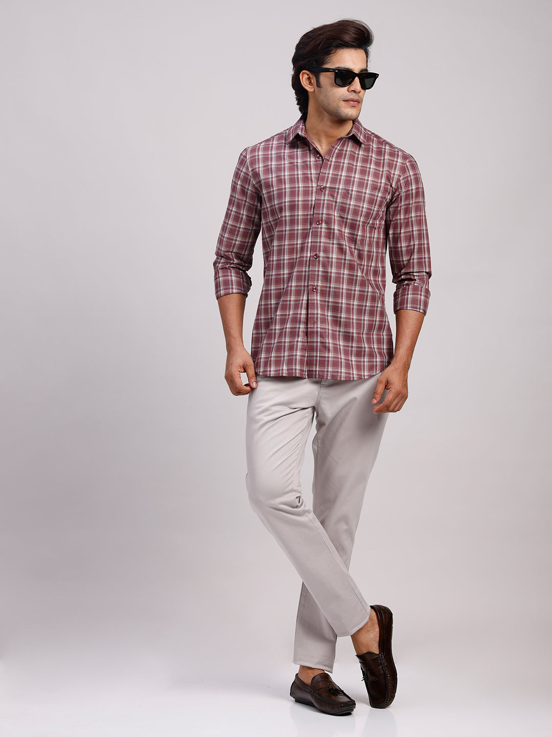 Classic Polo Men's Full Sleeve Maroon Polo Neck Slim Fit Checked Cotton Casual Shirt | LSHR1-CL-03 B-FS-CHK-SF