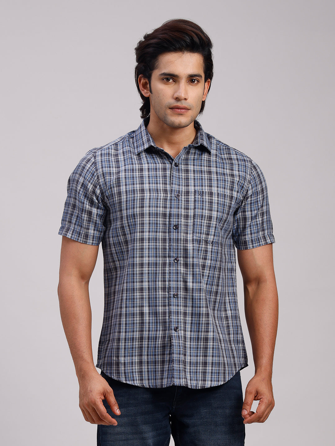 Classic Polo Men's Half Sleeve Multicolor Polo Neck Slim Fit Checked Cotton Casual Shirt | LSHR1-CL-01 A-HS-CHK-SF