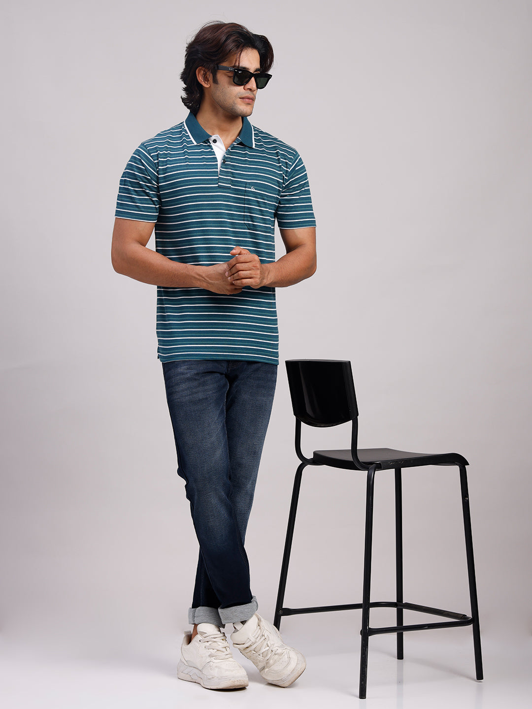 Classic Polo Men's Half Sleeve Teal/White Polo Neck Authentic Fit Striped Cotton Blend T-Shirt | LTS-STR - 114 B AF P
