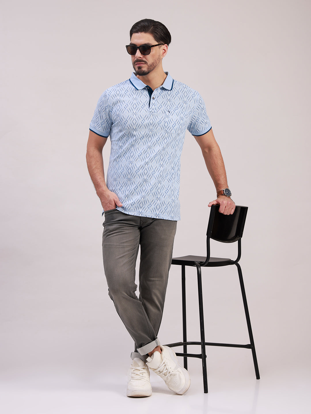 Classic Polo Men's Half Sleeve Blue Polo Neck Slim Fit All-Over Print Cotton T-Shirt | BEAU - 307 A SF P