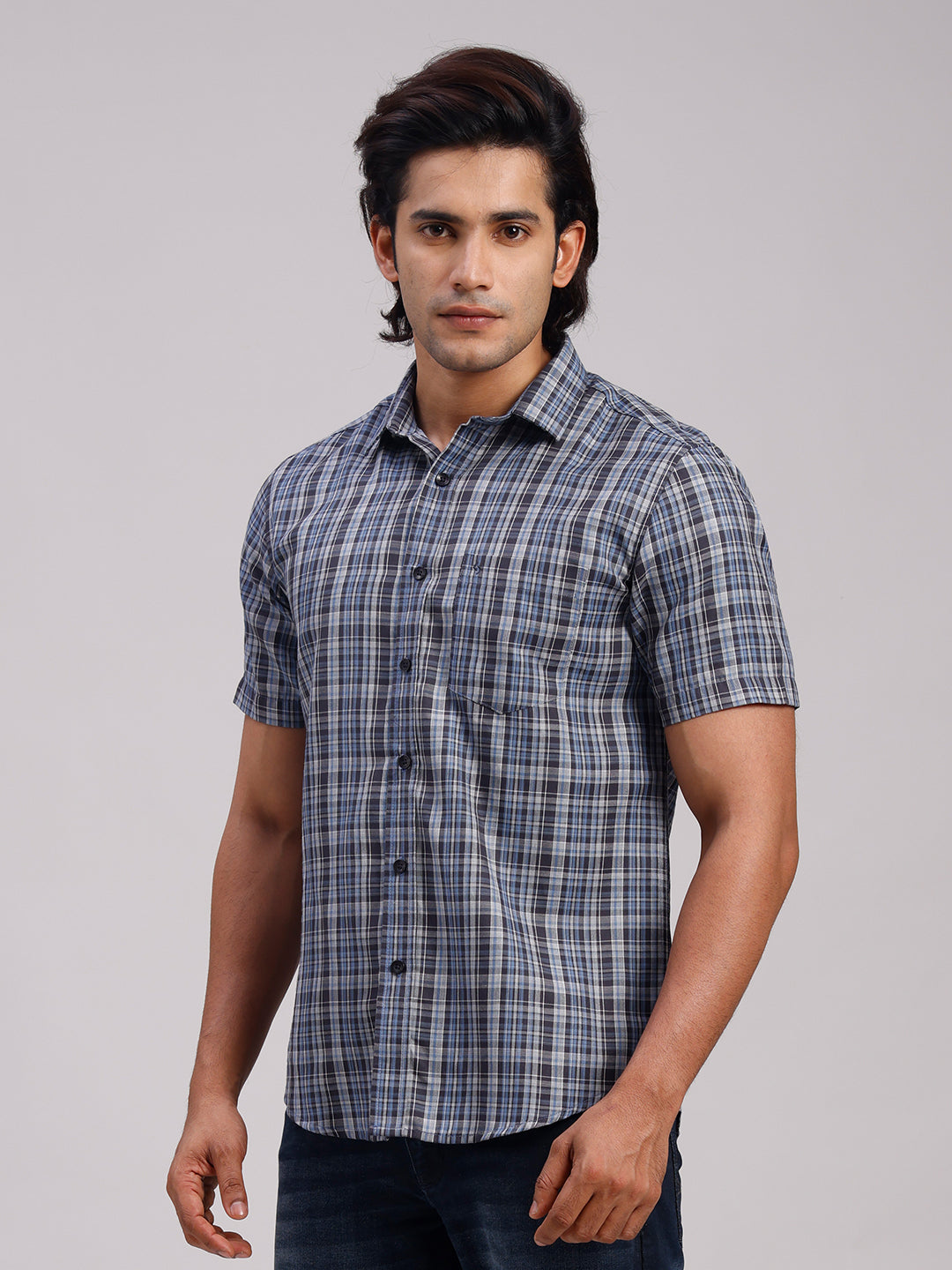 Classic Polo Men's Half Sleeve Multicolor Polo Neck Slim Fit Checked Cotton Casual Shirt | LSHR1-CL-01 A-HS-CHK-SF