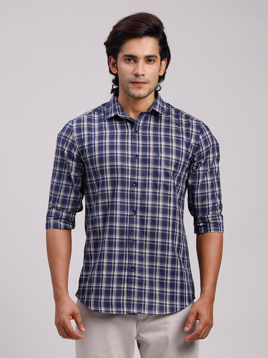 Classic Polo Men's Full Sleeve Navy Blue Polo Neck Slim Fit Checked Cotton Casual Shirt | LSHR1-CL-03 A-FS-CHK-SF