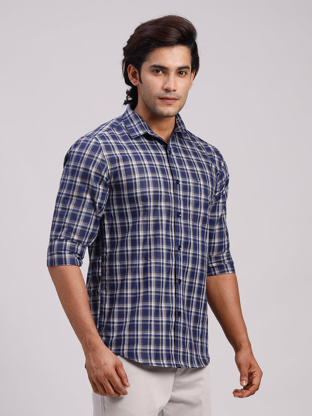 Classic Polo Men's Full Sleeve Navy Blue Polo Neck Slim Fit Checked Cotton Casual Shirt | LSHR1-CL-03 A-FS-CHK-SF