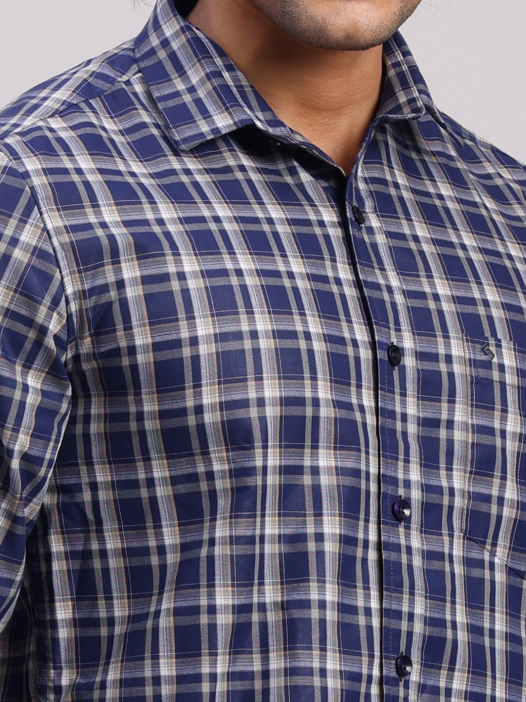 Classic Polo Men's Full Sleeve Navy Blue Polo Neck Slim Fit Checked Cotton Casual Shirt | LSHR1-CL-03 A-FS-CHK-SF
