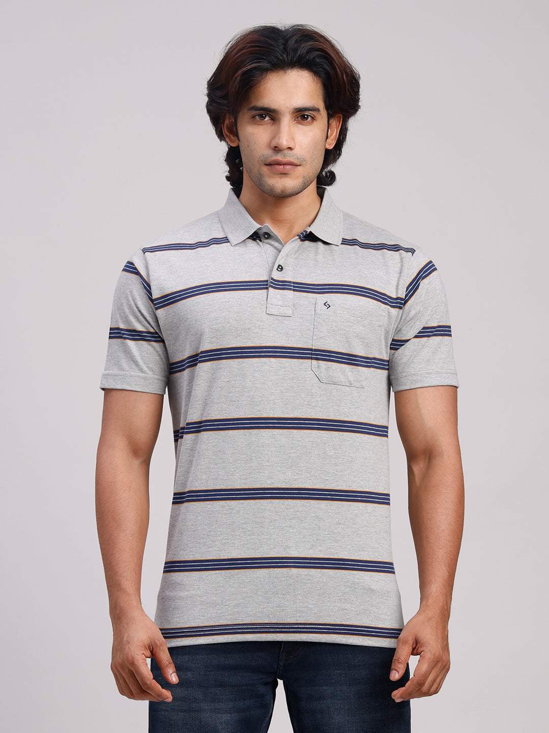 Classic Polo Men's Half Sleeve Grey/Navy Polo Neck Authentic Fit Striped Cotton Blend T-Shirt | LTS-STR - 103 A AF P