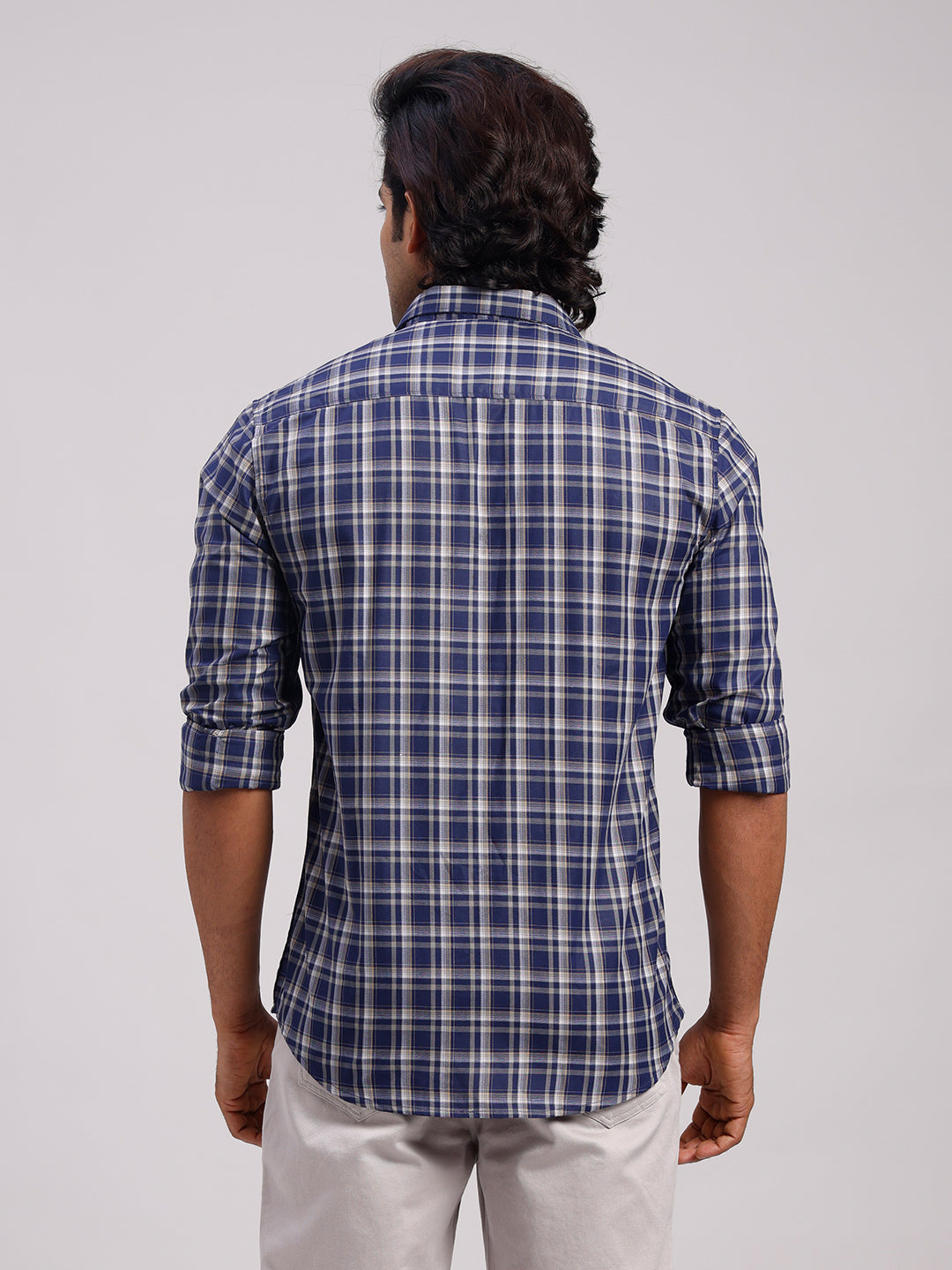Classic Polo Men's Full Sleeve Navy Blue Polo Neck Slim Fit Checked Cotton Casual Shirt | LSHR1-CL-03 A-FS-CHK-SF