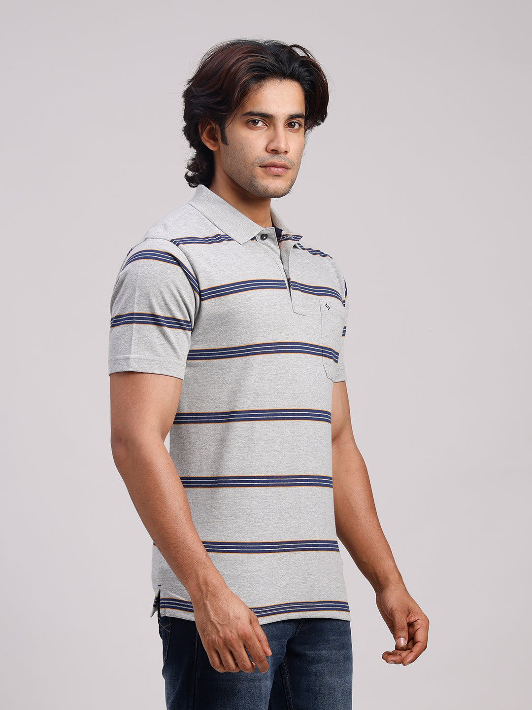 Classic Polo Men's Half Sleeve Grey/Navy Polo Neck Authentic Fit Striped Cotton Blend T-Shirt | LTS-STR - 103 A AF P