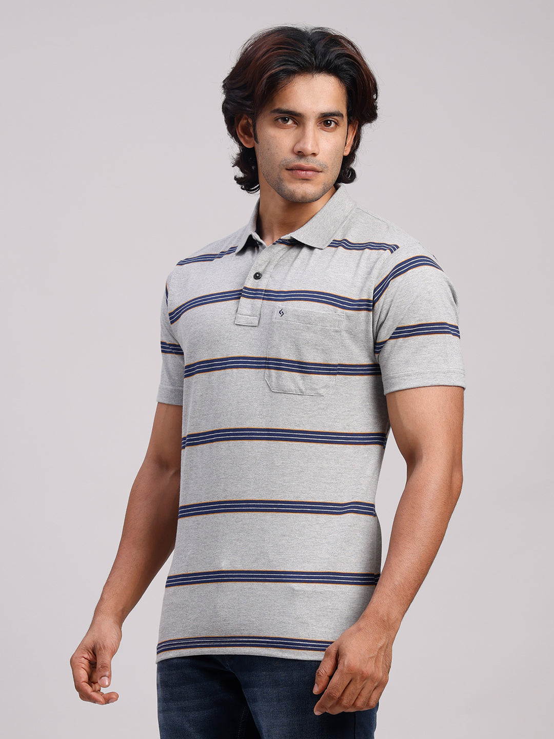 Classic Polo Men's Half Sleeve Grey/Navy Polo Neck Authentic Fit Striped Cotton Blend T-Shirt | LTS-STR - 103 A AF P