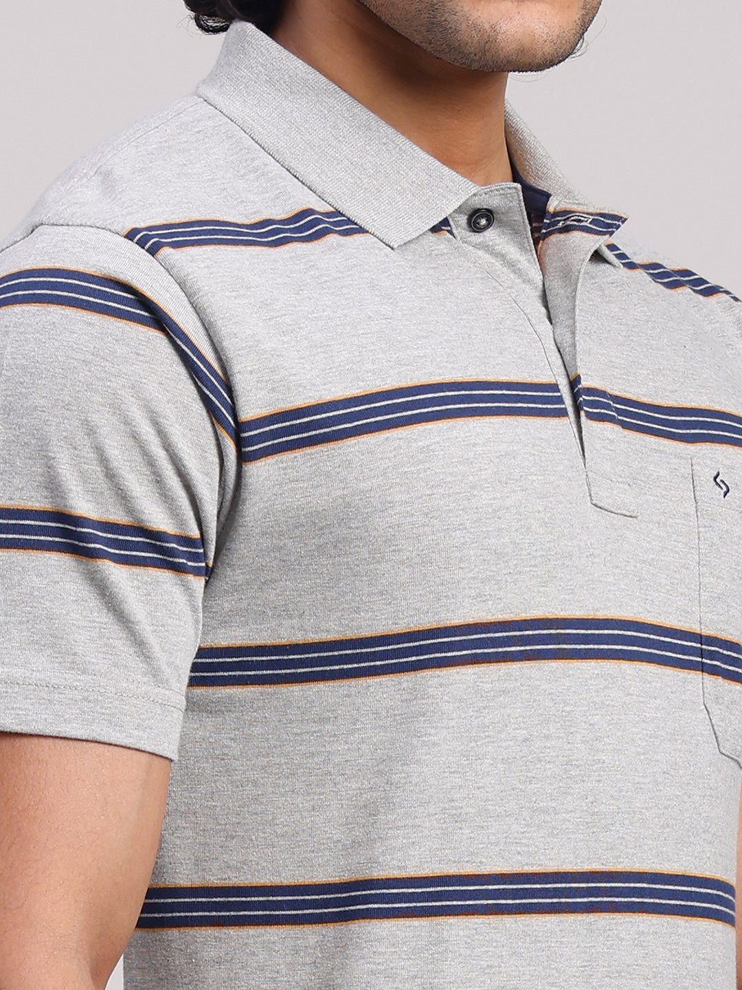 Classic Polo Men's Half Sleeve Grey/Navy Polo Neck Authentic Fit Striped Cotton Blend T-Shirt | LTS-STR - 103 A AF P