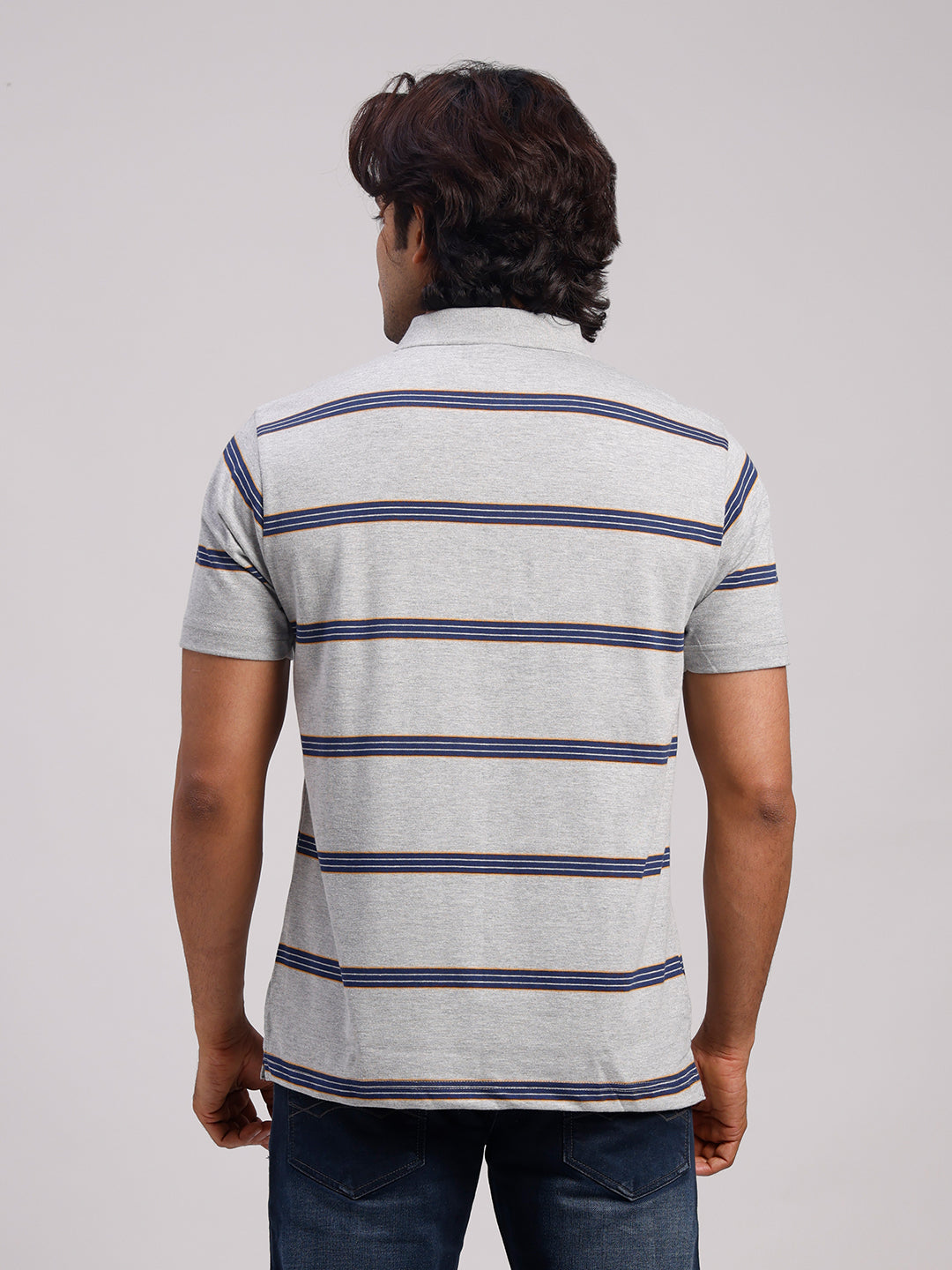 Classic Polo Men's Half Sleeve Grey/Navy Polo Neck Authentic Fit Striped Cotton Blend T-Shirt | LTS-STR - 103 A AF P