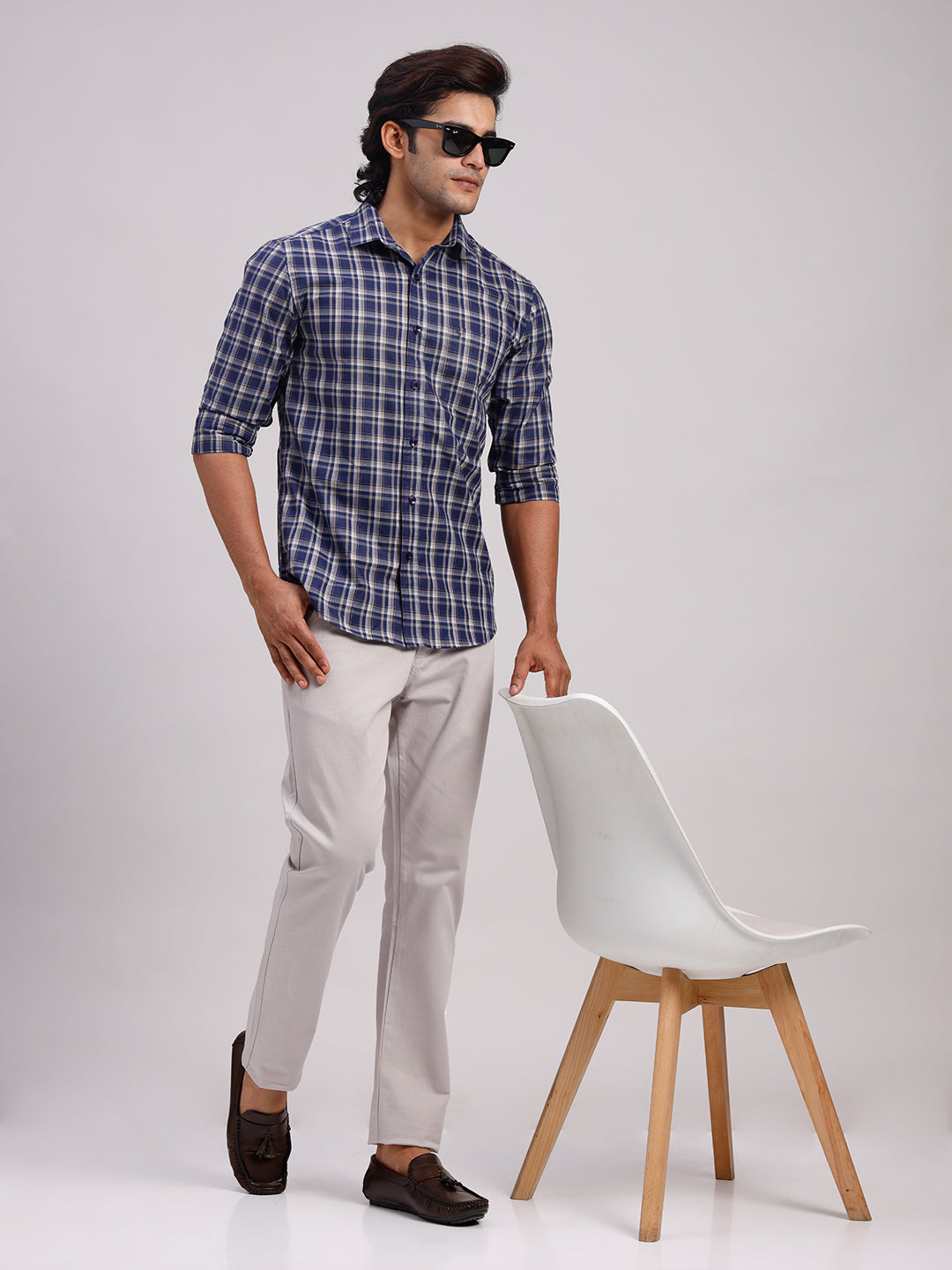 Classic Polo Men's Full Sleeve Navy Blue Polo Neck Slim Fit Checked Cotton Casual Shirt | LSHR1-CL-03 A-FS-CHK-SF