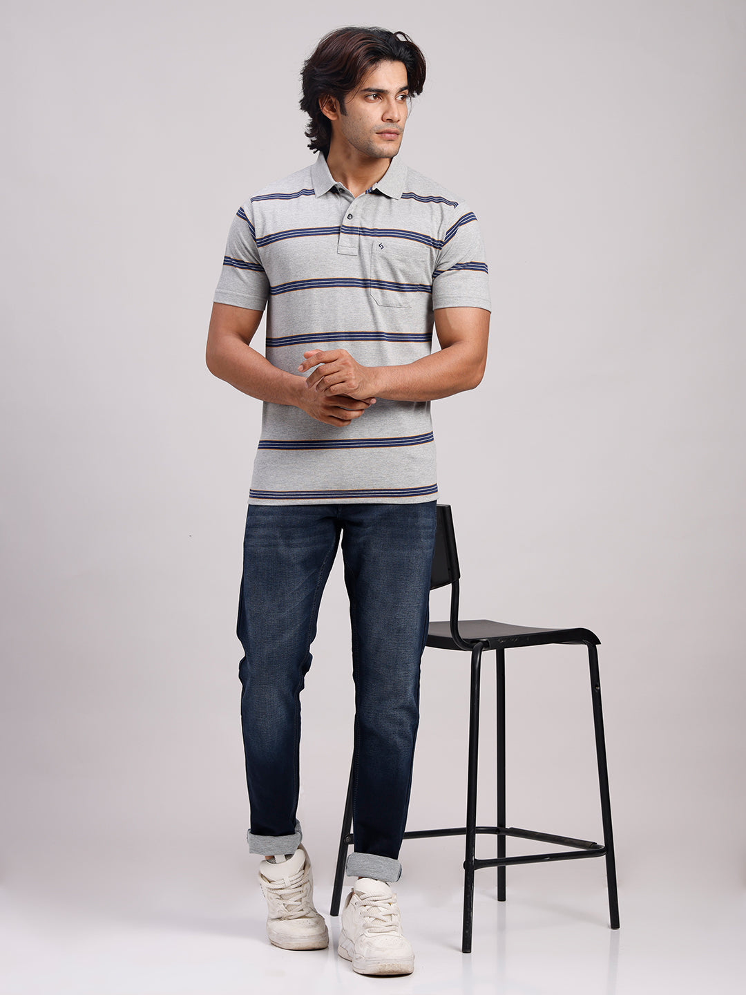 Classic Polo Men's Half Sleeve Grey/Navy Polo Neck Authentic Fit Striped Cotton Blend T-Shirt | LTS-STR - 103 A AF P