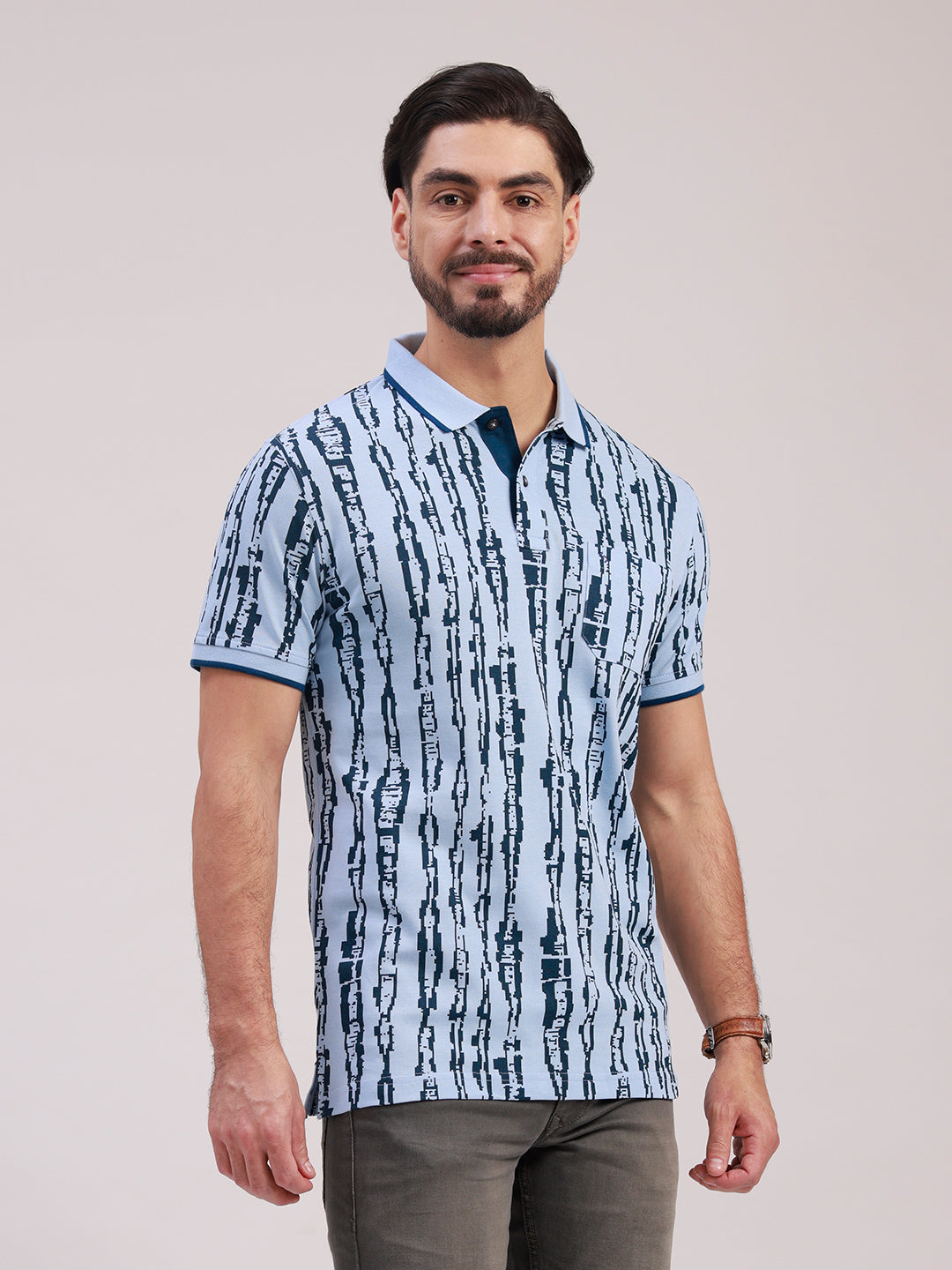 Classic Polo Men's Half Sleeve Blue Polo Neck Slim Fit All-Over Print Cotton T-Shirt | BEAU - 304 A SF P