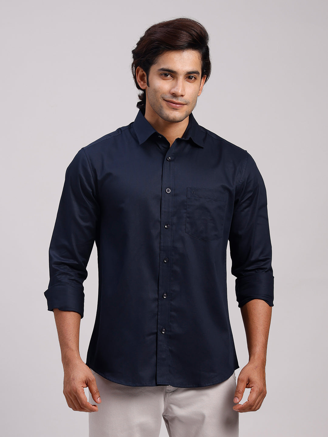 Classic Polo Men's Full Sleeve Dark Navy Polo Neck Slim Fit Solid Cotton Casual Shirt | SR1-EL-17 A-FS-SLD-SF