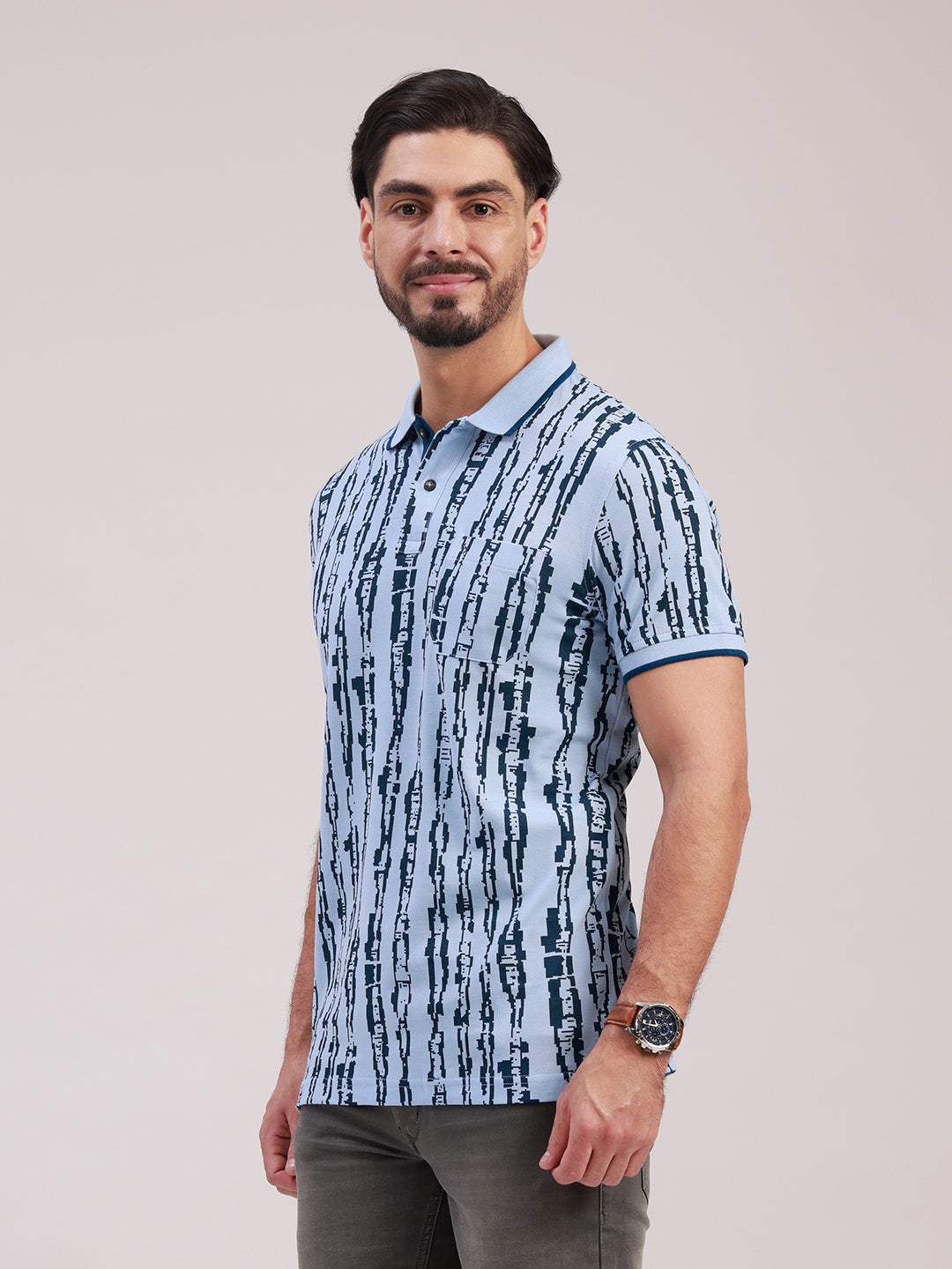 Classic Polo Men's Half Sleeve Blue Polo Neck Slim Fit All-Over Print Cotton T-Shirt | BEAU - 304 A SF P
