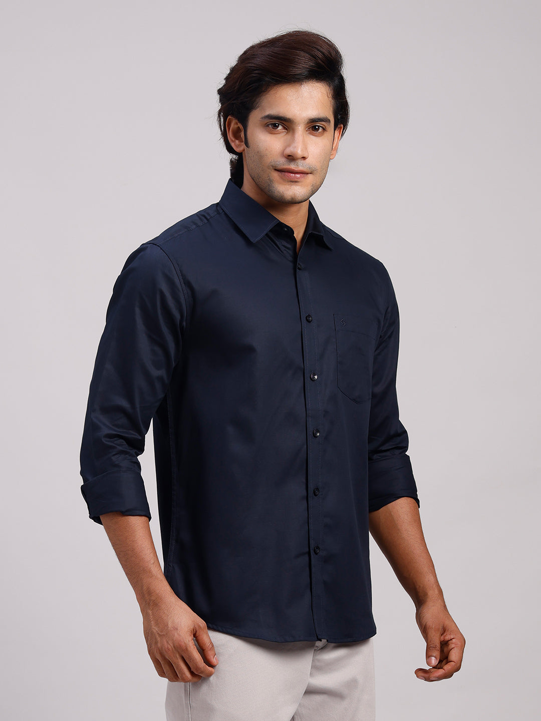 Classic Polo Men's Full Sleeve Dark Navy Polo Neck Slim Fit Solid Cotton Casual Shirt | SR1-EL-17 A-FS-SLD-SF