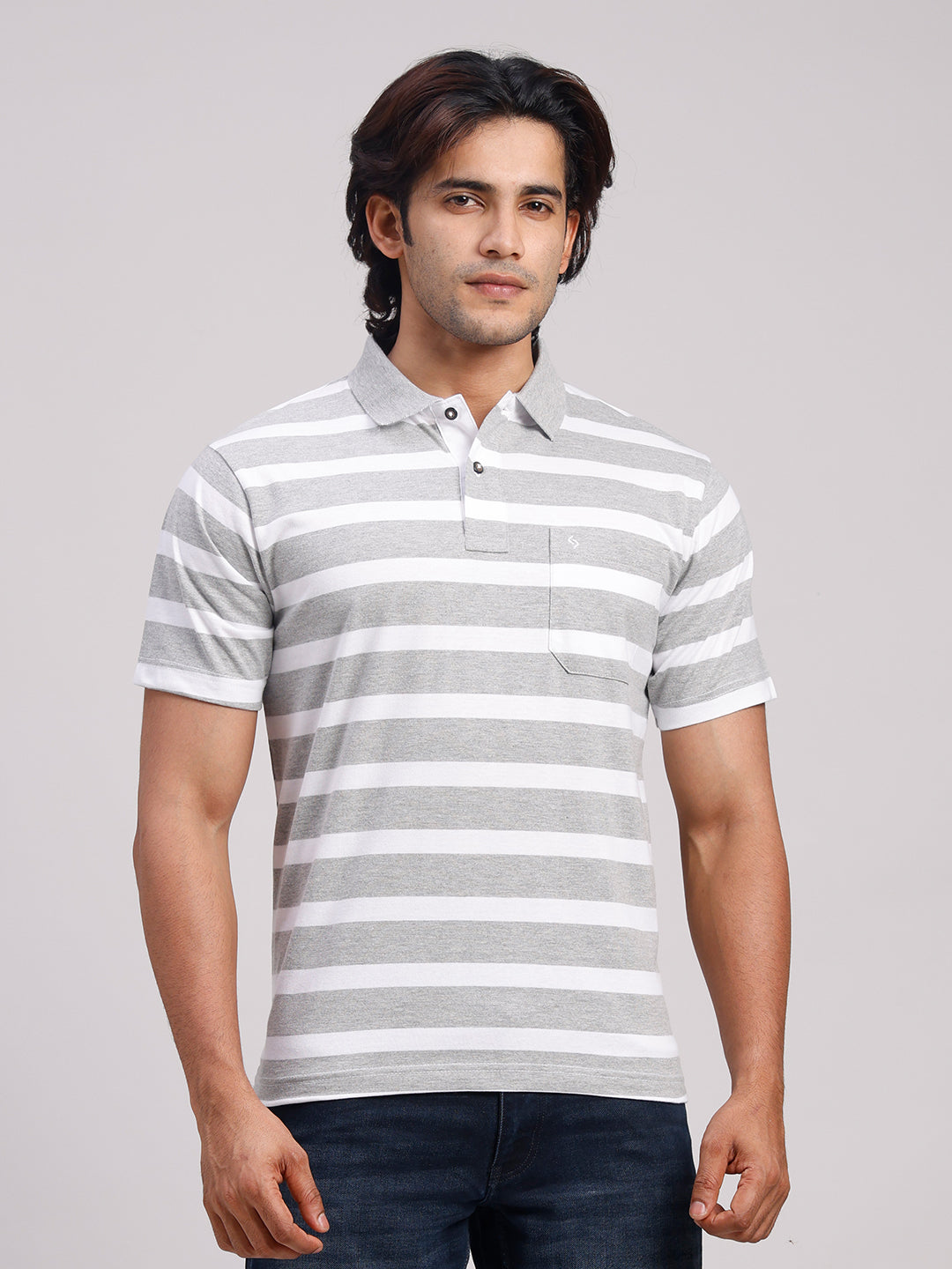 Classic Polo Men's Half Sleeve Light Grey/White Polo Neck Authentic Fit Striped Cotton Blend T-Shirt | MEL - 285 A AF P