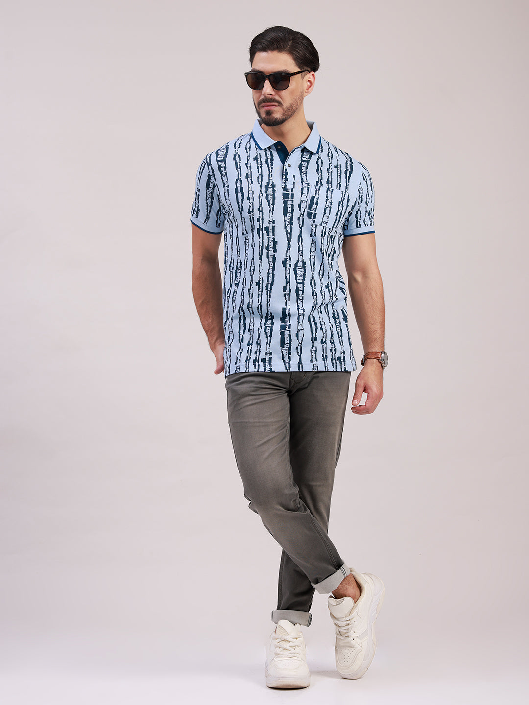 Classic Polo Men's Half Sleeve Blue Polo Neck Slim Fit All-Over Print Cotton T-Shirt | BEAU - 304 A SF P