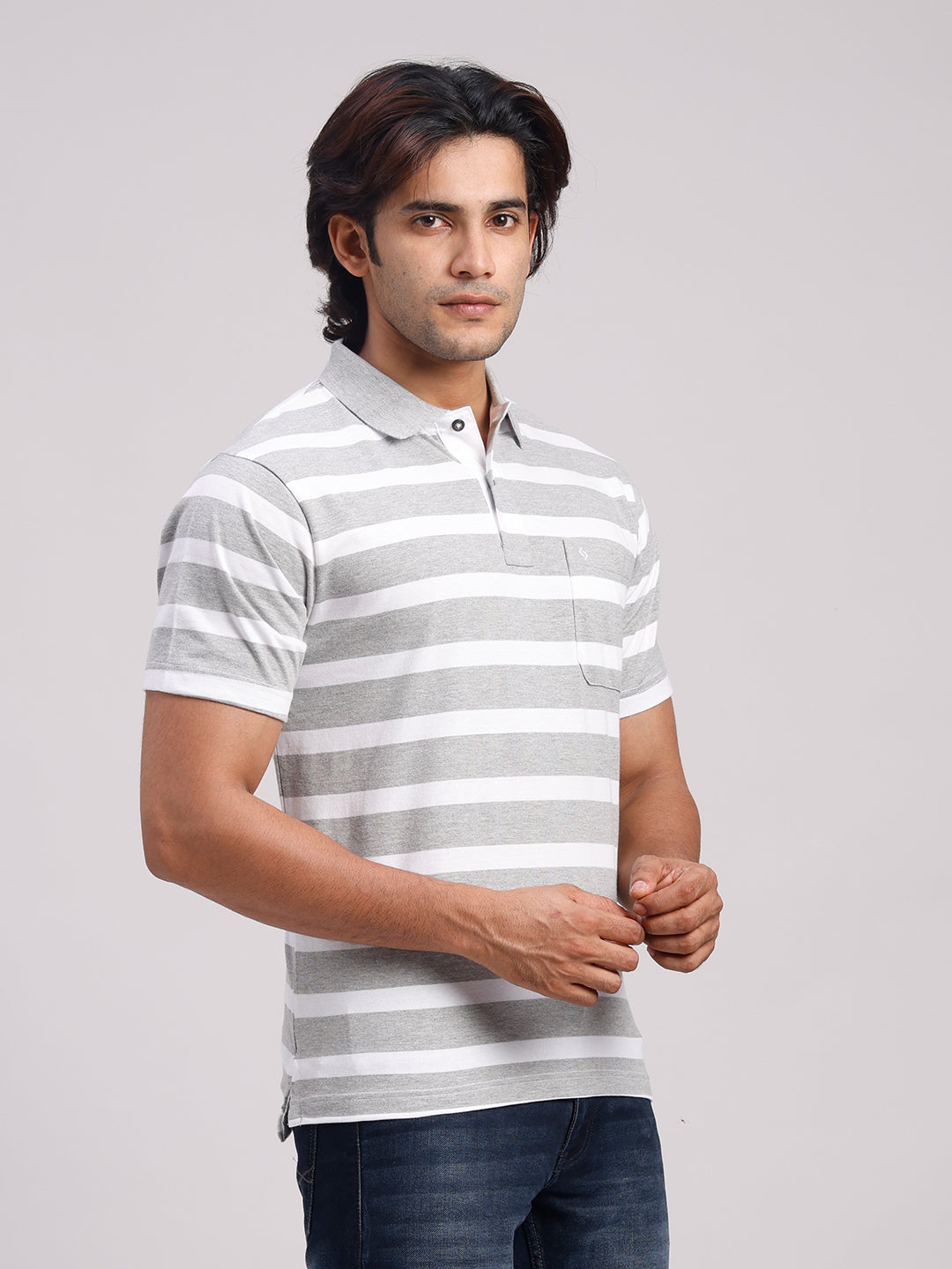 Classic Polo Men's Half Sleeve Light Grey/White Polo Neck Authentic Fit Striped Cotton Blend T-Shirt | MEL - 285 A AF P