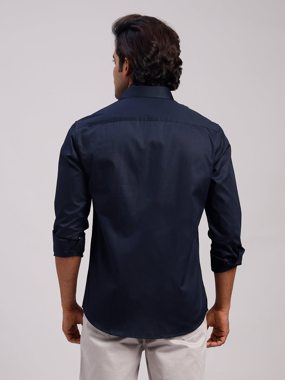 Classic Polo Men's Full Sleeve Dark Navy Polo Neck Slim Fit Solid Cotton Casual Shirt | SR1-EL-17 A-FS-SLD-SF