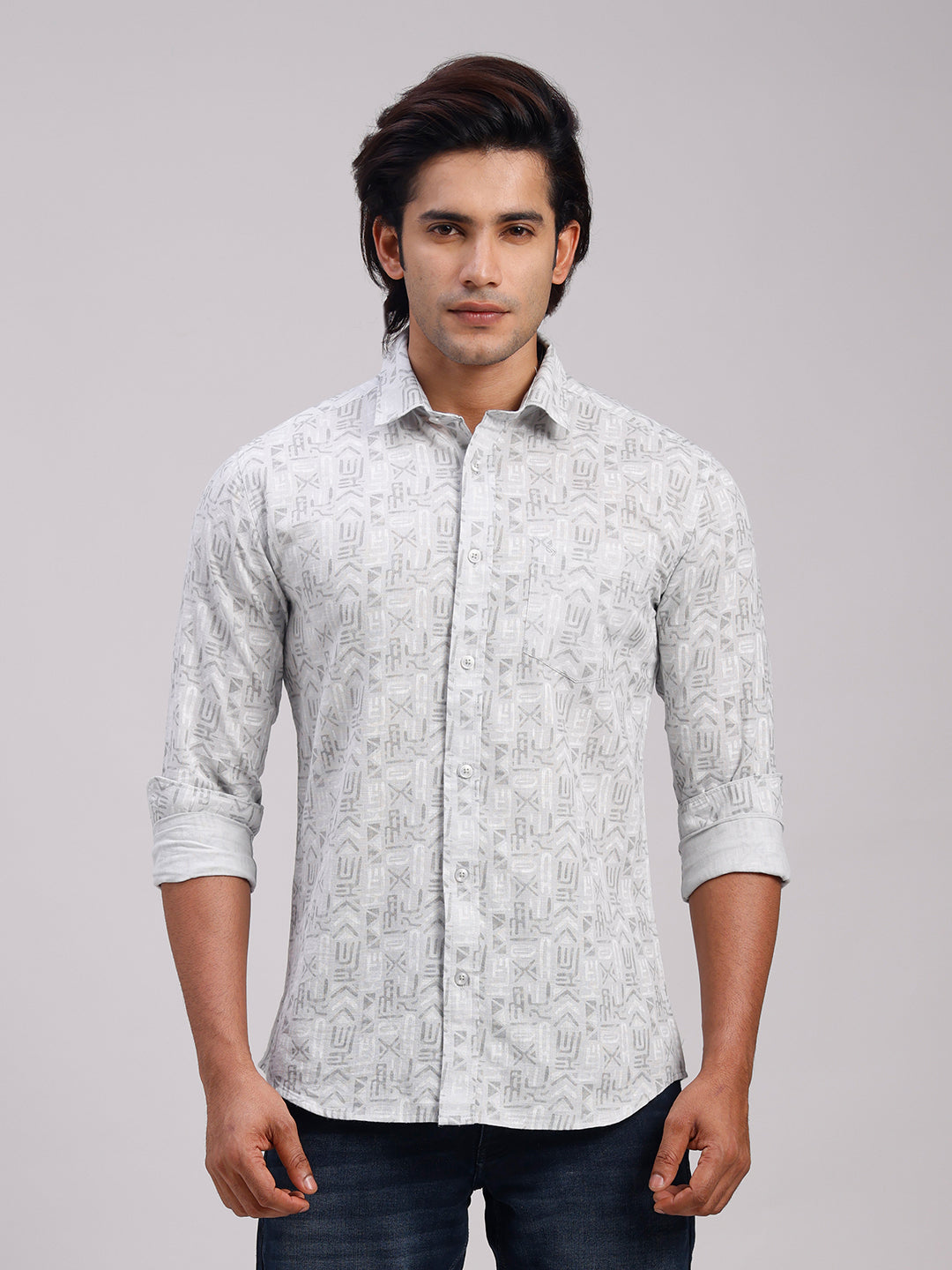 Classic Polo Men's Full Sleeve Grey Polo Neck Slim Fit All-Over Print Cotton Casual Shirt | SR1-GN-06 B-FS-PRT-SF