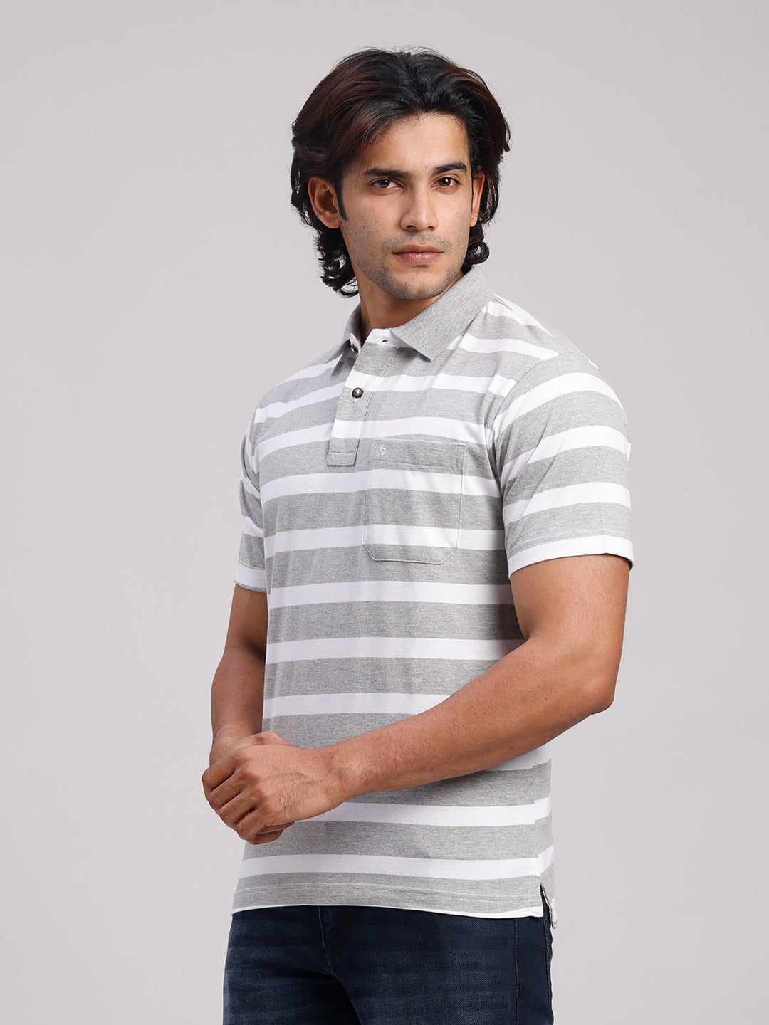 Classic Polo Men's Half Sleeve Light Grey/White Polo Neck Authentic Fit Striped Cotton Blend T-Shirt | MEL - 285 A AF P