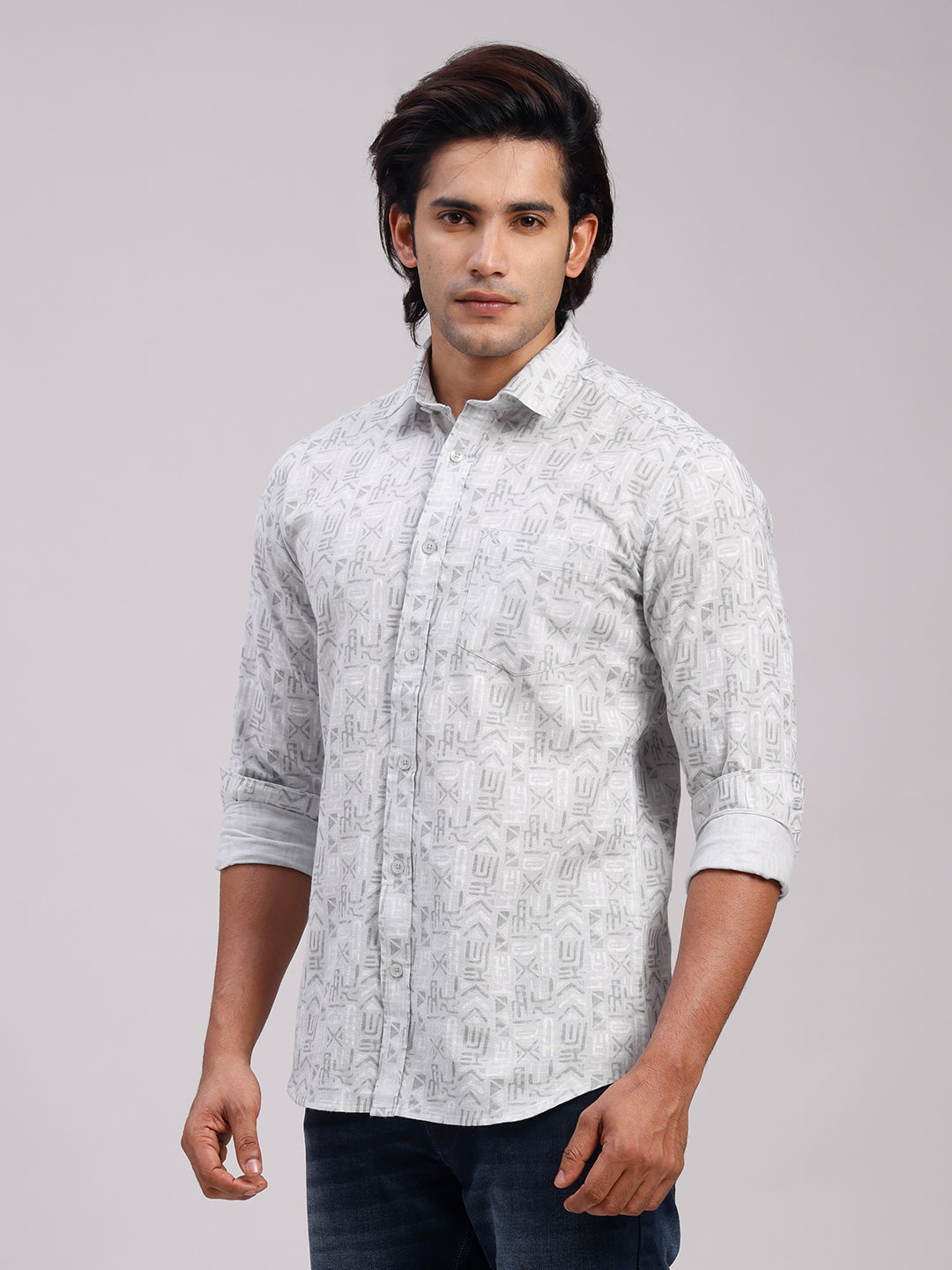 Classic Polo Men's Full Sleeve Grey Polo Neck Slim Fit All-Over Print Cotton Casual Shirt | SR1-GN-06 B-FS-PRT-SF
