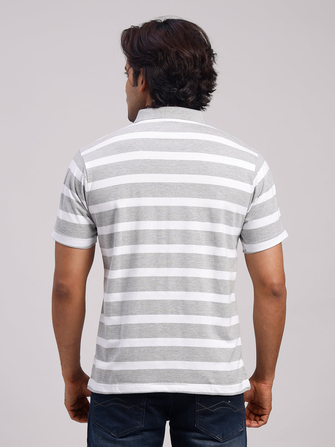 Classic Polo Men's Half Sleeve Light Grey/White Polo Neck Authentic Fit Striped Cotton Blend T-Shirt | MEL - 285 A AF P