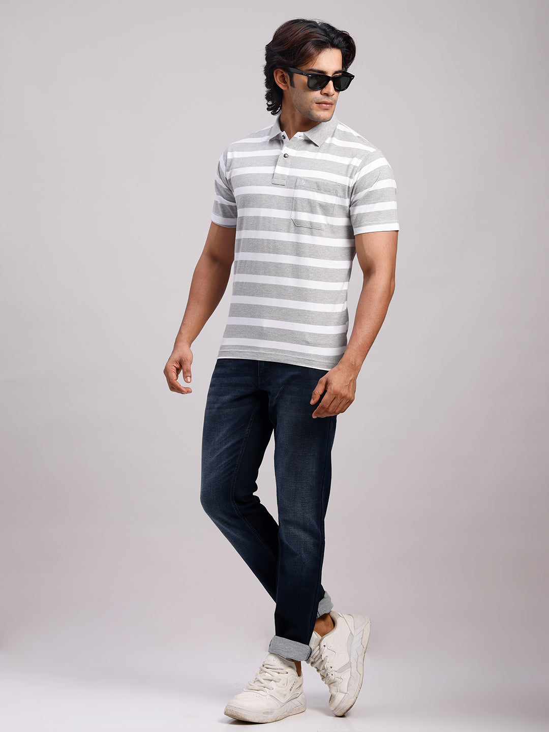 Classic Polo Men's Half Sleeve Light Grey/White Polo Neck Authentic Fit Striped Cotton Blend T-Shirt | MEL - 285 A AF P